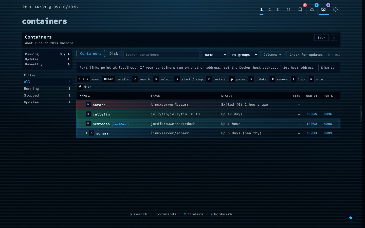 The Containers view in nextDash
