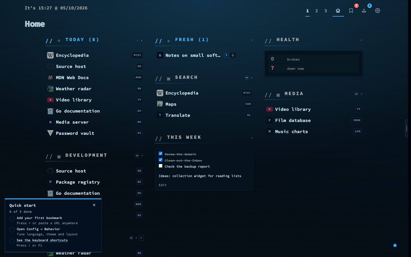 The nextDash dashboard after a first start