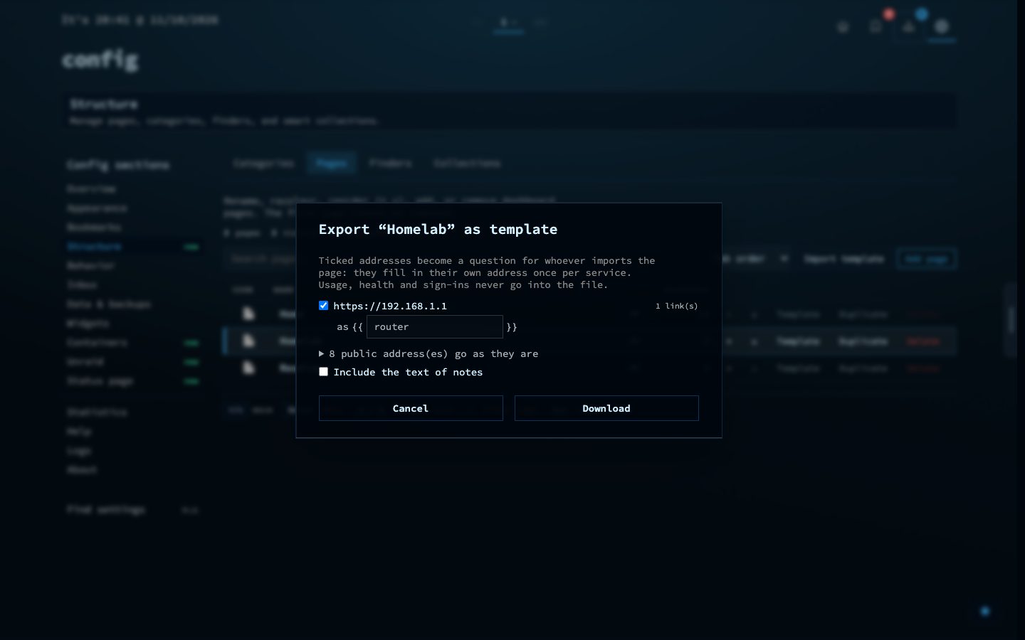 Exporting a page as a template
