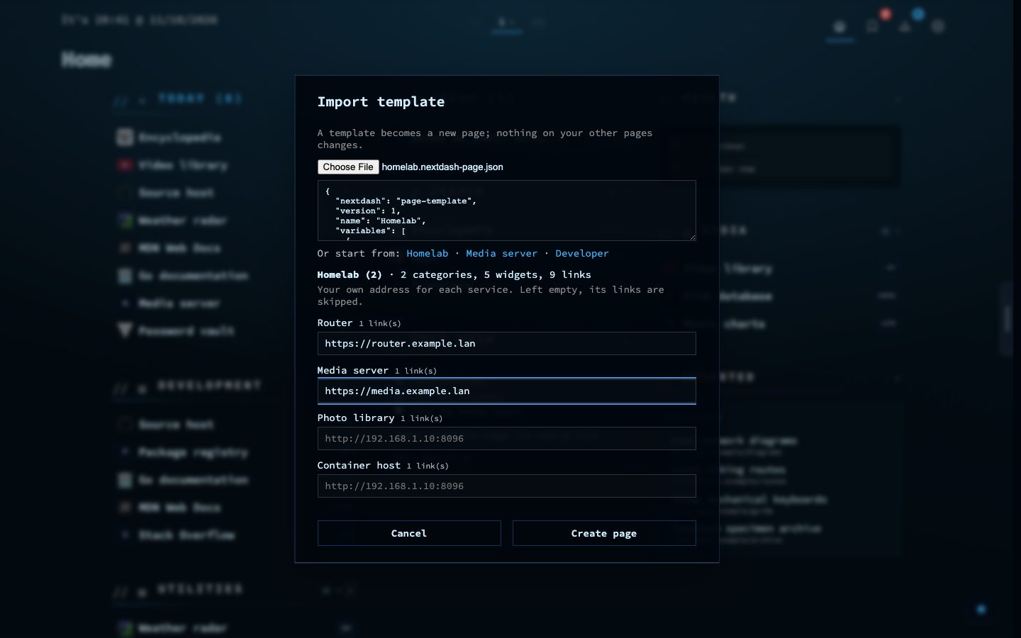 Importing a page template