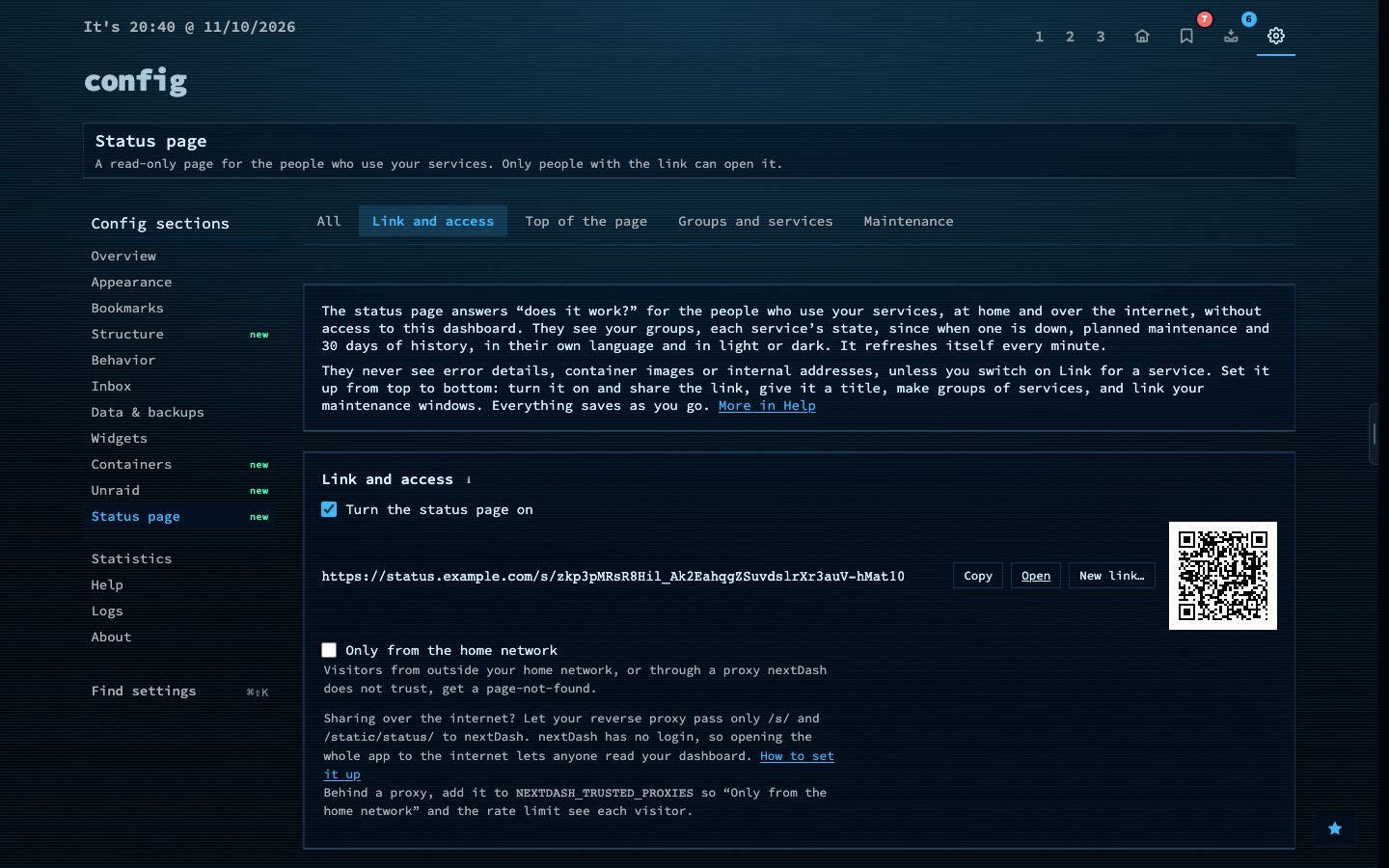 Setting up the status page in config
