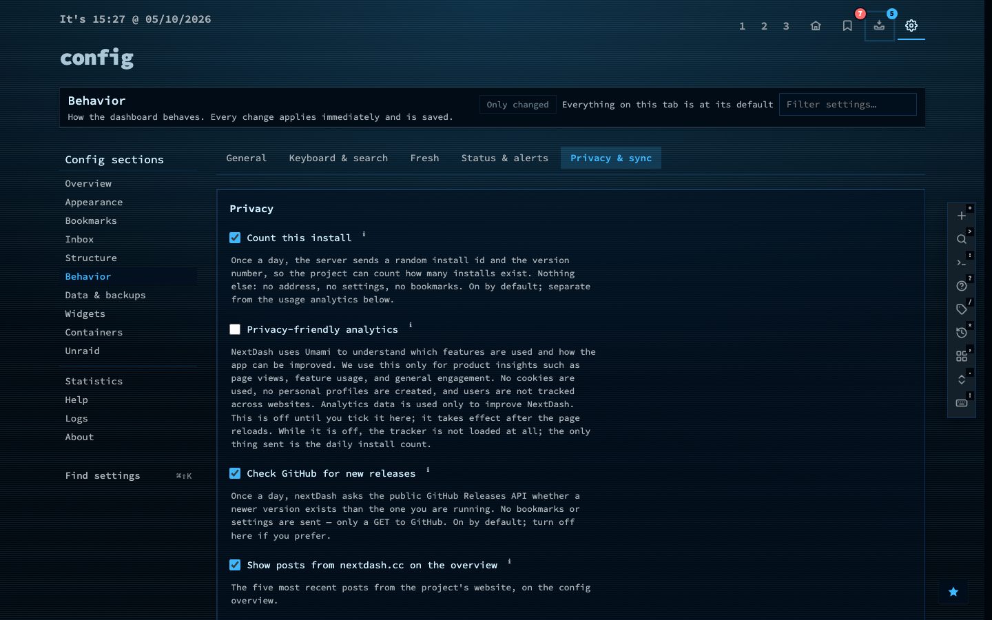 Settings that decide what nextDash sends out