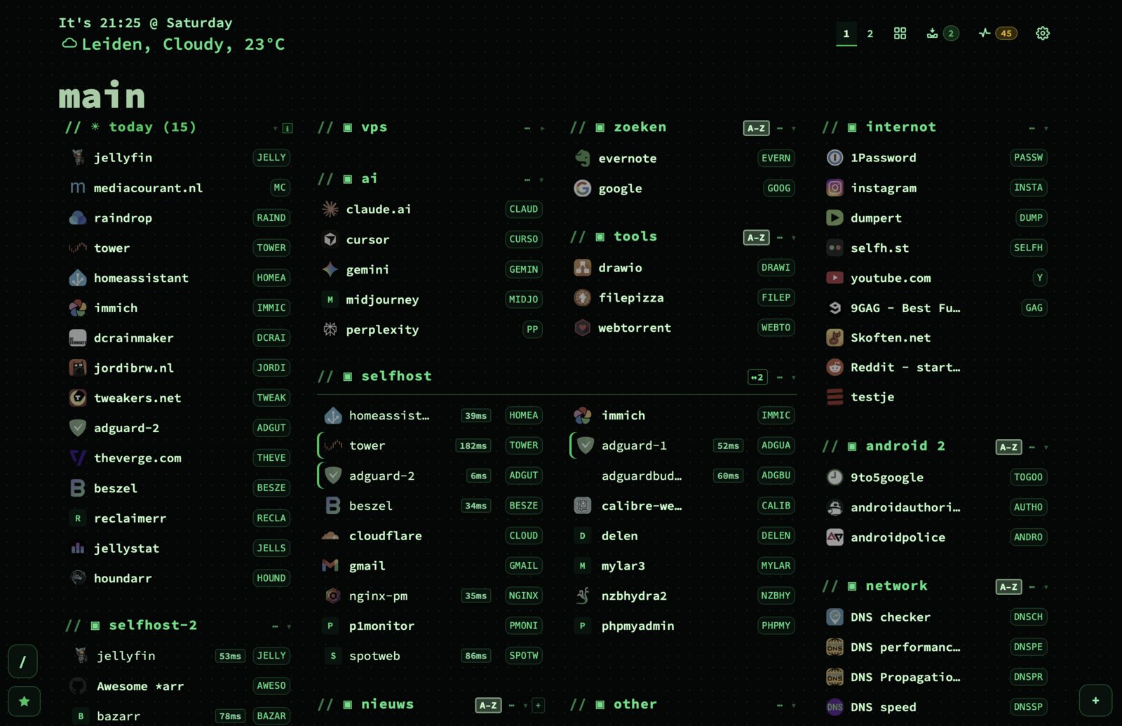 The nextDash dashboard, organised into pages and categories with live response-time badges.