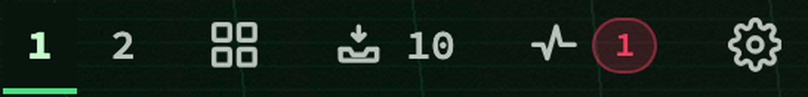 The dashboard top bar: page numbers, a widgets icon, an inbox count, a health pulse and the config gear - the five views from the table above, one keystroke or click away.