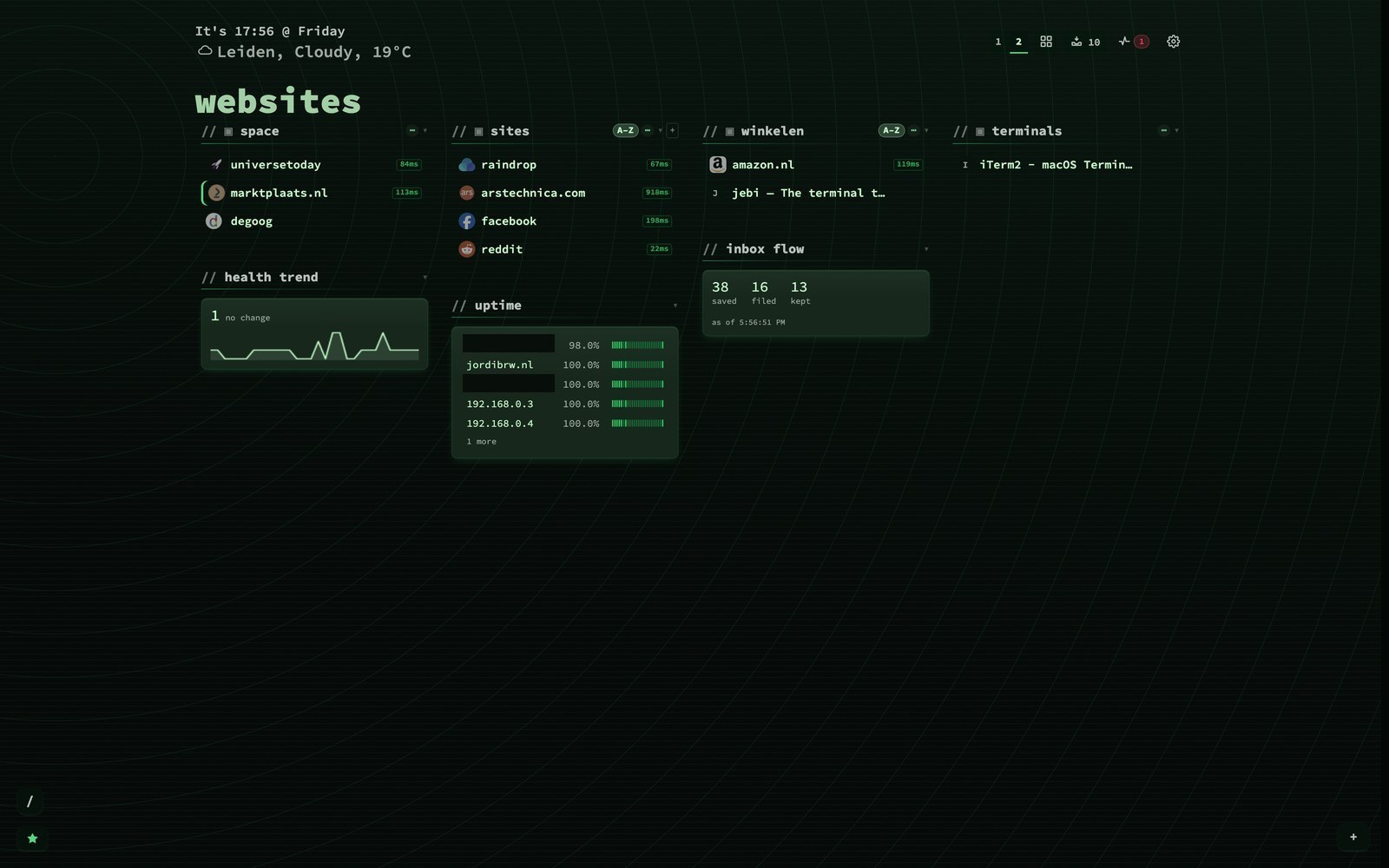 A dashboard page with three widgets among the categories: a Health trend line chart, an Uptime widget listing monitored bookmarks with their status, and an Inbox widget showing saved, filed and kept counts.