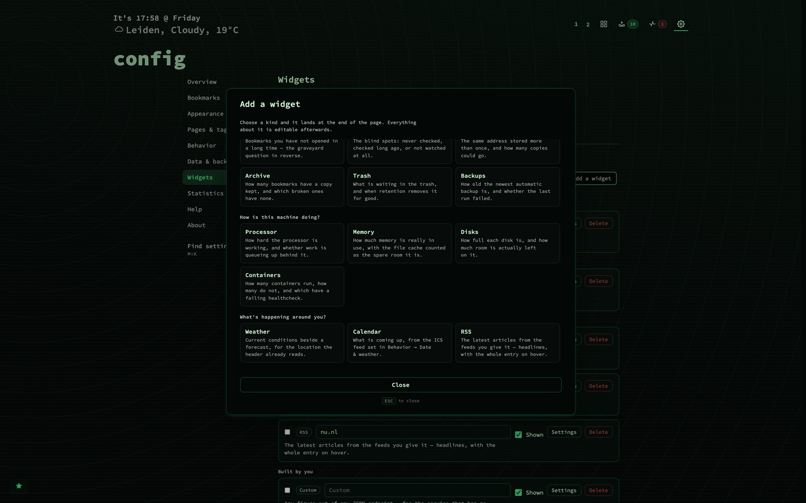 The Add a widget catalog, scrolled to its later groups: the tail of what needs tidying (Archive, Trash, Backups), then how is this machine doing (Processor, Memory, Disks, Containers), then what is happening around you (Weather, Calendar, RSS).