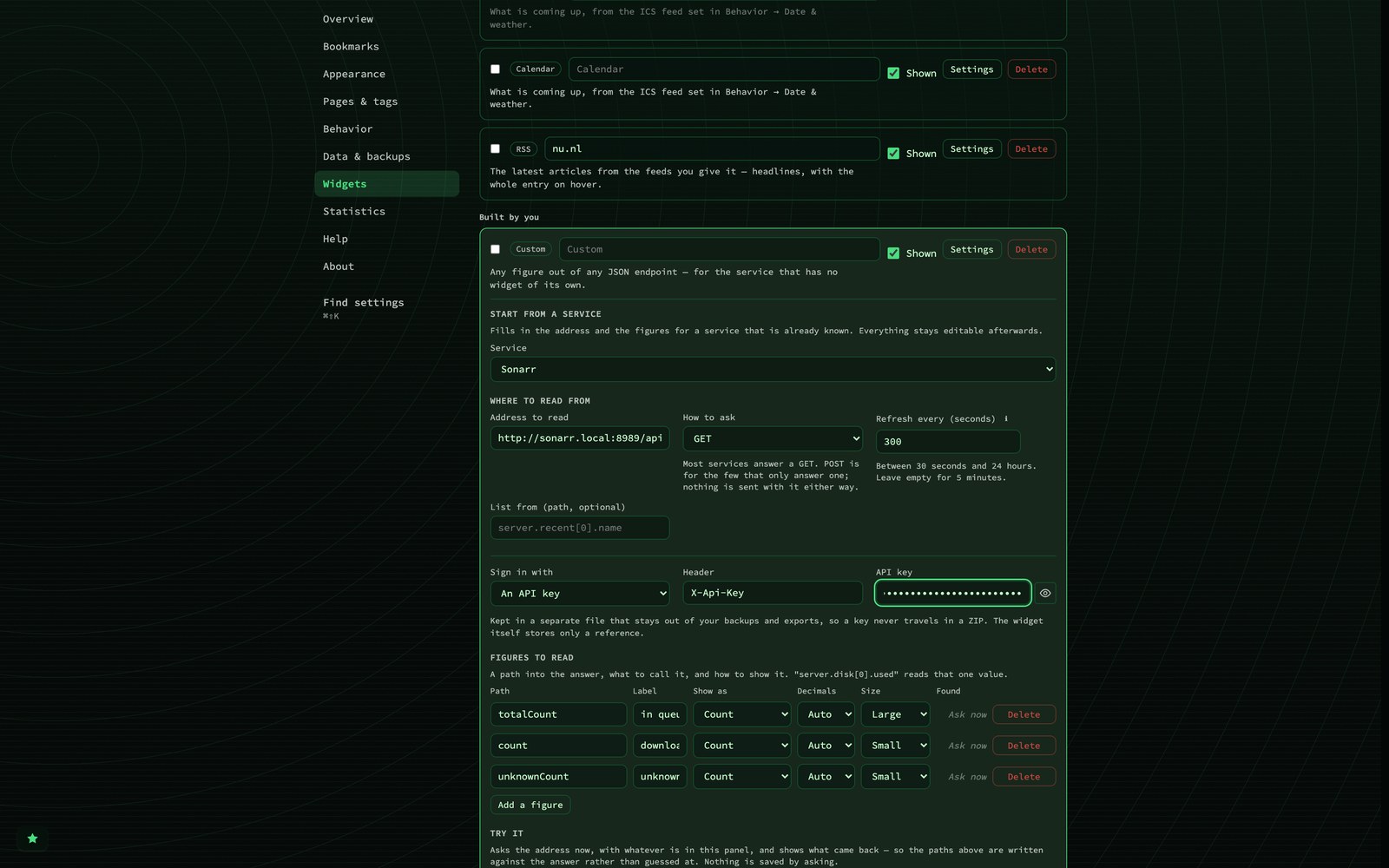 A Custom widget being configured for Sonarr: address, refresh interval, an API key sign-in, and three figures to read - in queue, downloading, unknown - with a Try it panel below.