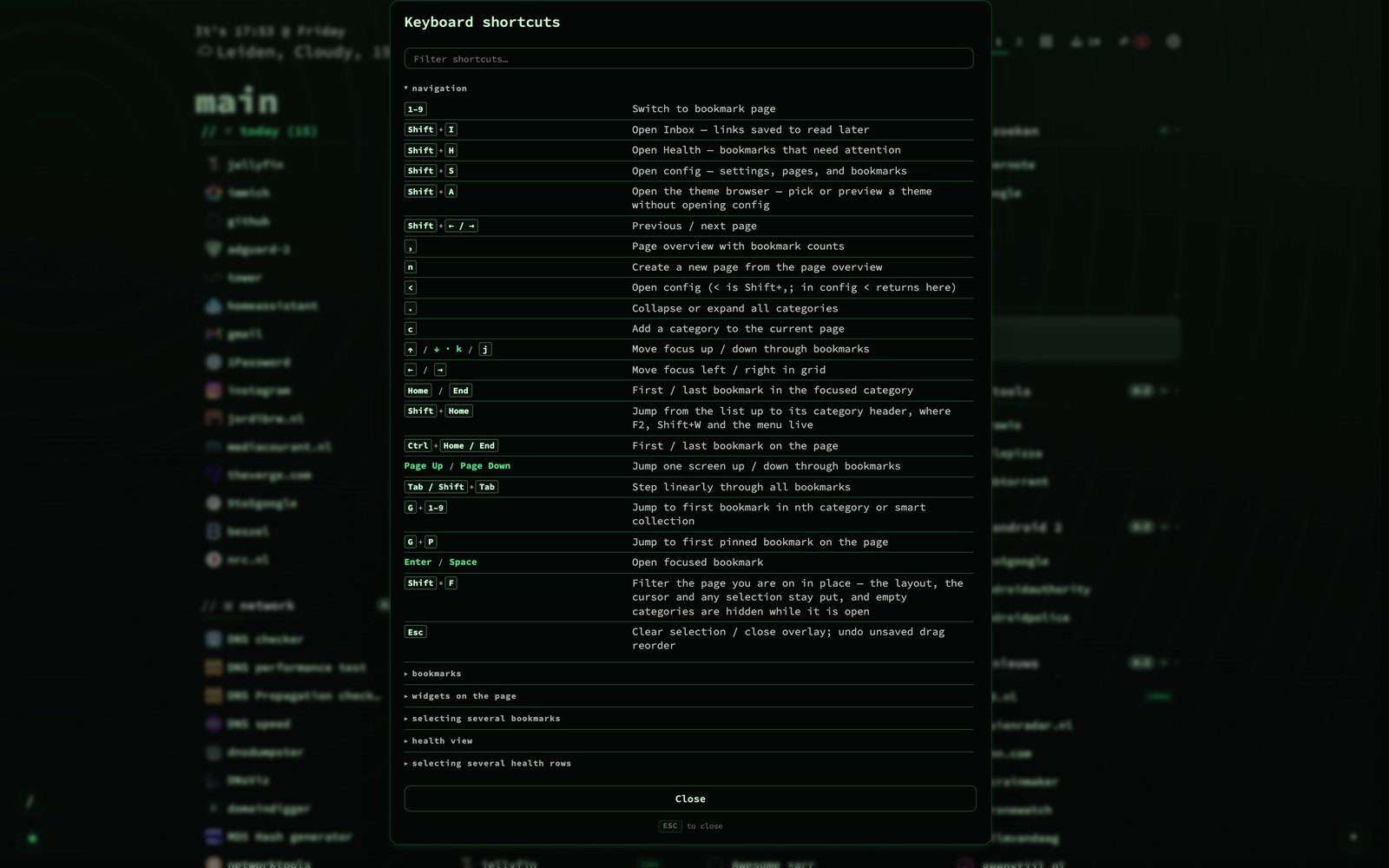 The keyboard shortcuts overlay: a filter box above a grouped, searchable list of every shortcut, with the dashboard dimmed and inert behind it.