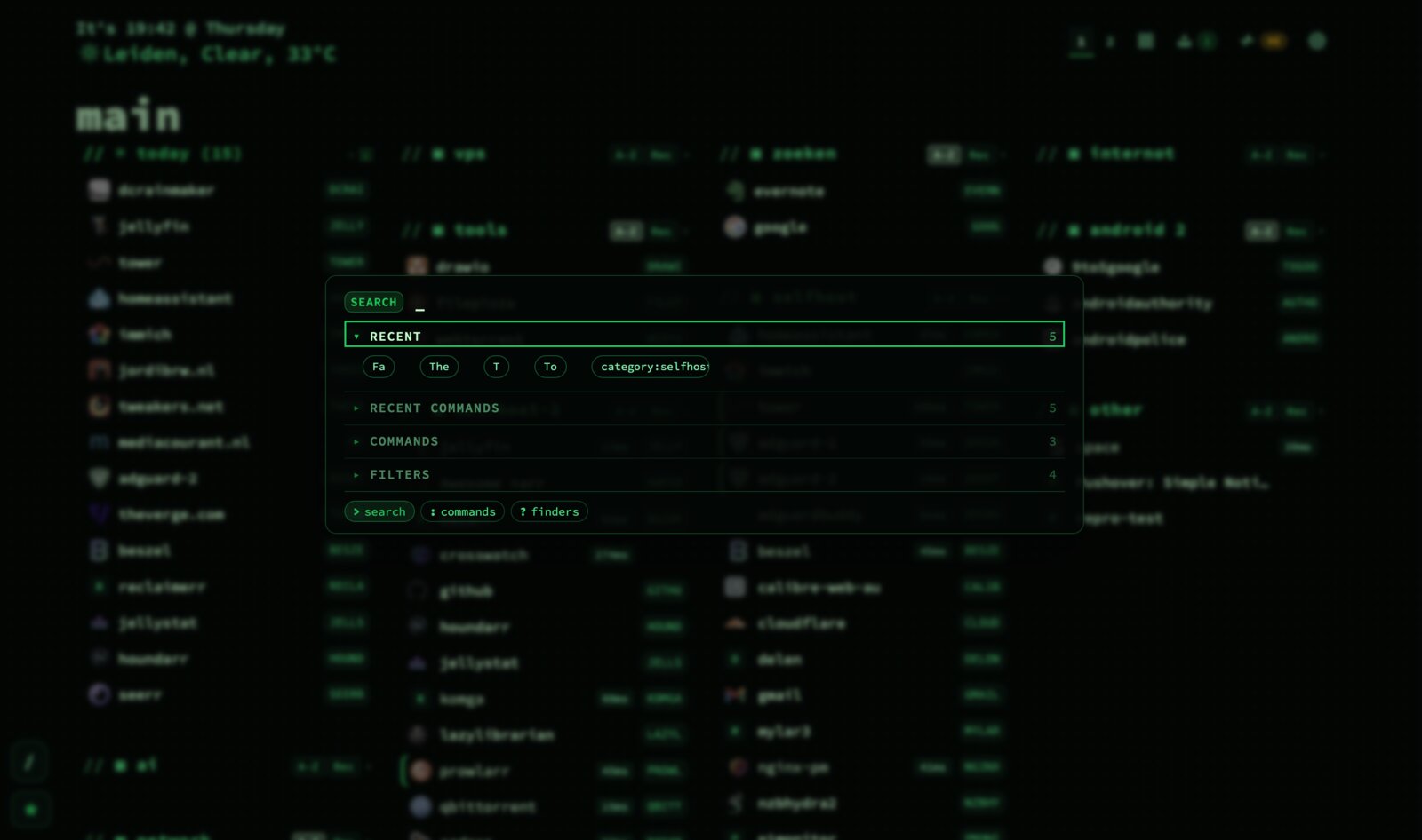 The search overlay, showing recent searches as chips, recent commands, available commands, and saved filters.