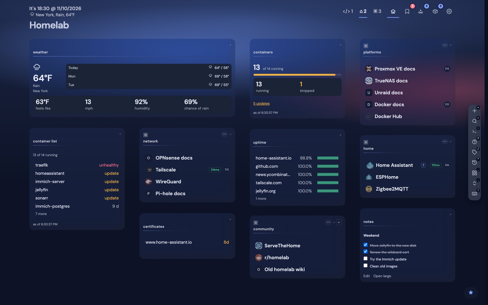 A nextDash homelab dashboard in a dark glass theme: container and uptime widgets, certificates, notes and the weather above categories of app bookmarks.