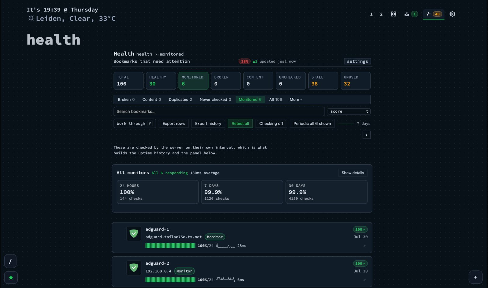 The Health page listing total, healthy, monitored, broken, content, unchecked, stale and unused bookmark counts, with filter tabs and bulk actions.