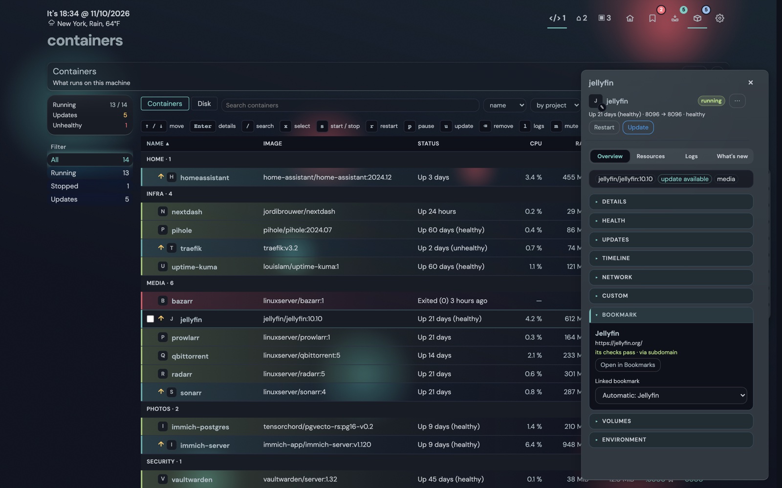 The Containers view in a dark frosted theme: containers grouped by compose project with a status glow, and a side panel on the Overview tab with the linked bookmark.