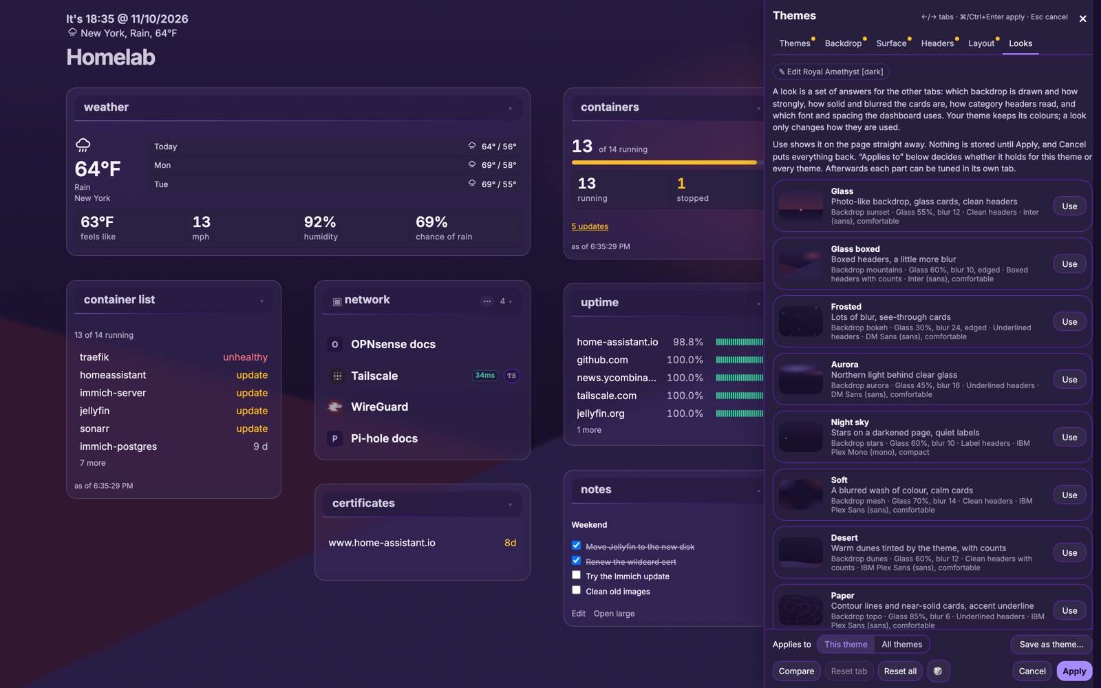 The look studio open beside the dashboard: theme families filtered by character, with tabs for the backdrop, card surface, headers, layout and ready-made looks, and a live preview of the real page.