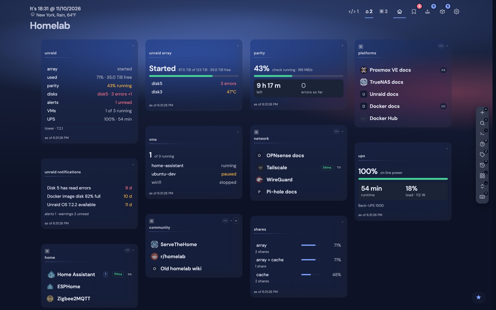 A homelab page in a dark glass theme with seven Unraid widgets: overview, array with a disk error, parity check in progress, shares, VMs, UPS and notifications.
