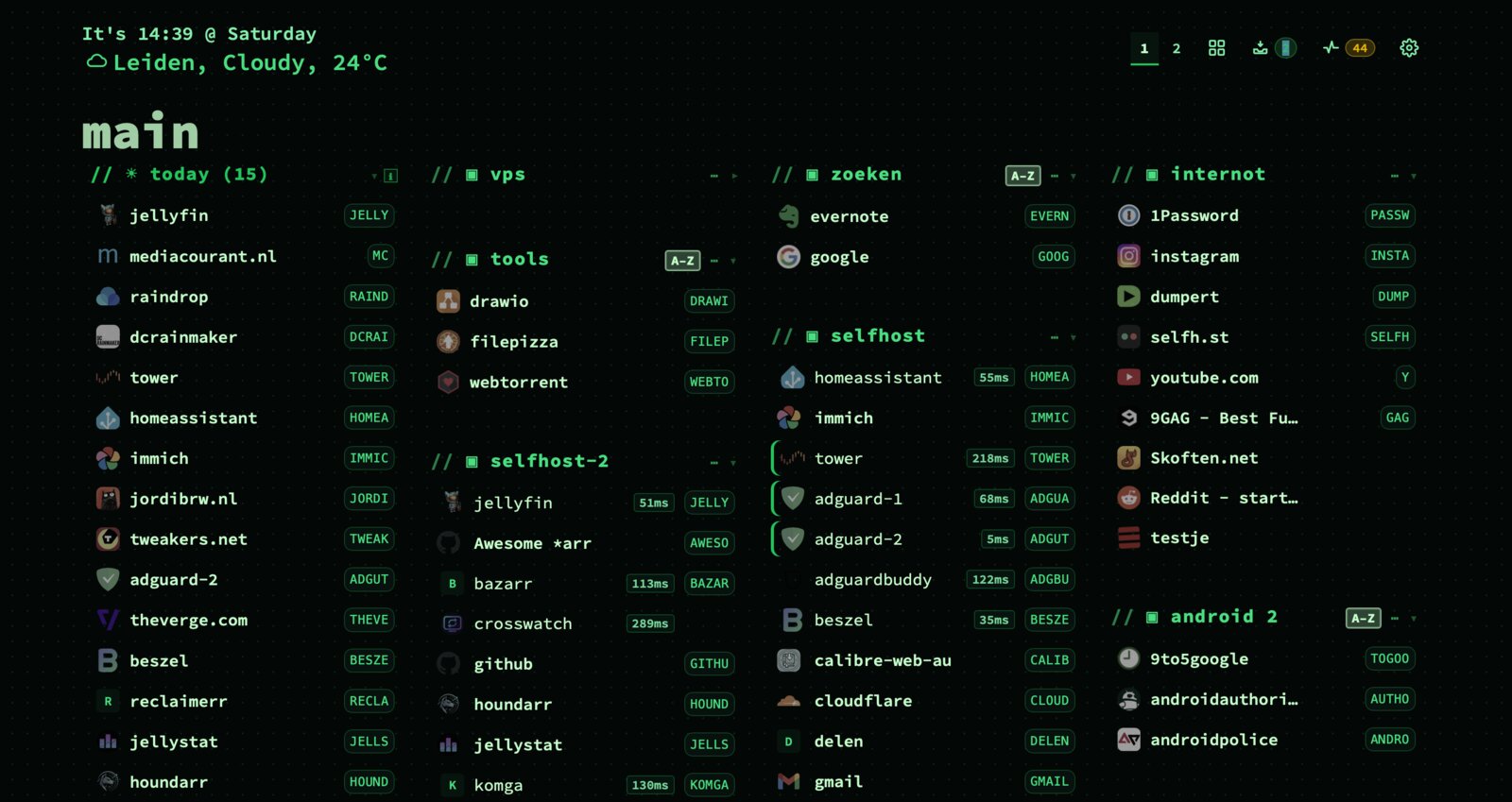 The nextDash dashboard: bookmarks grouped into pages and categories, each column sortable A-Z or by recency, with live response-time badges.