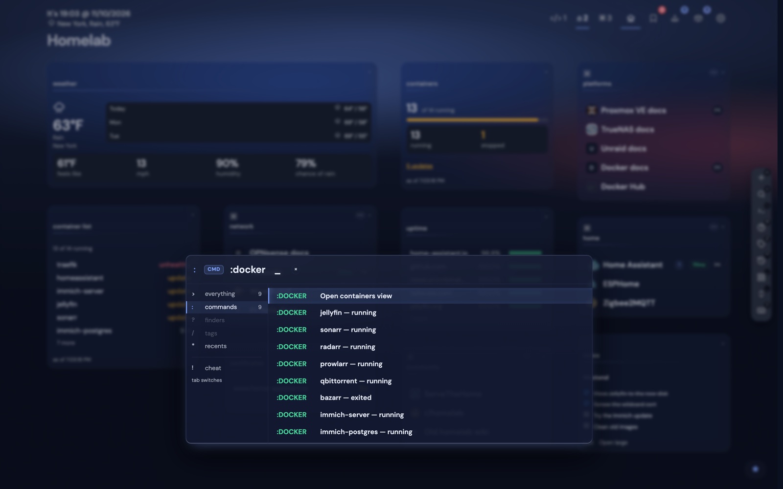 The command palette opened with a docker filter, listing containers and actions to start, stop or restart them.