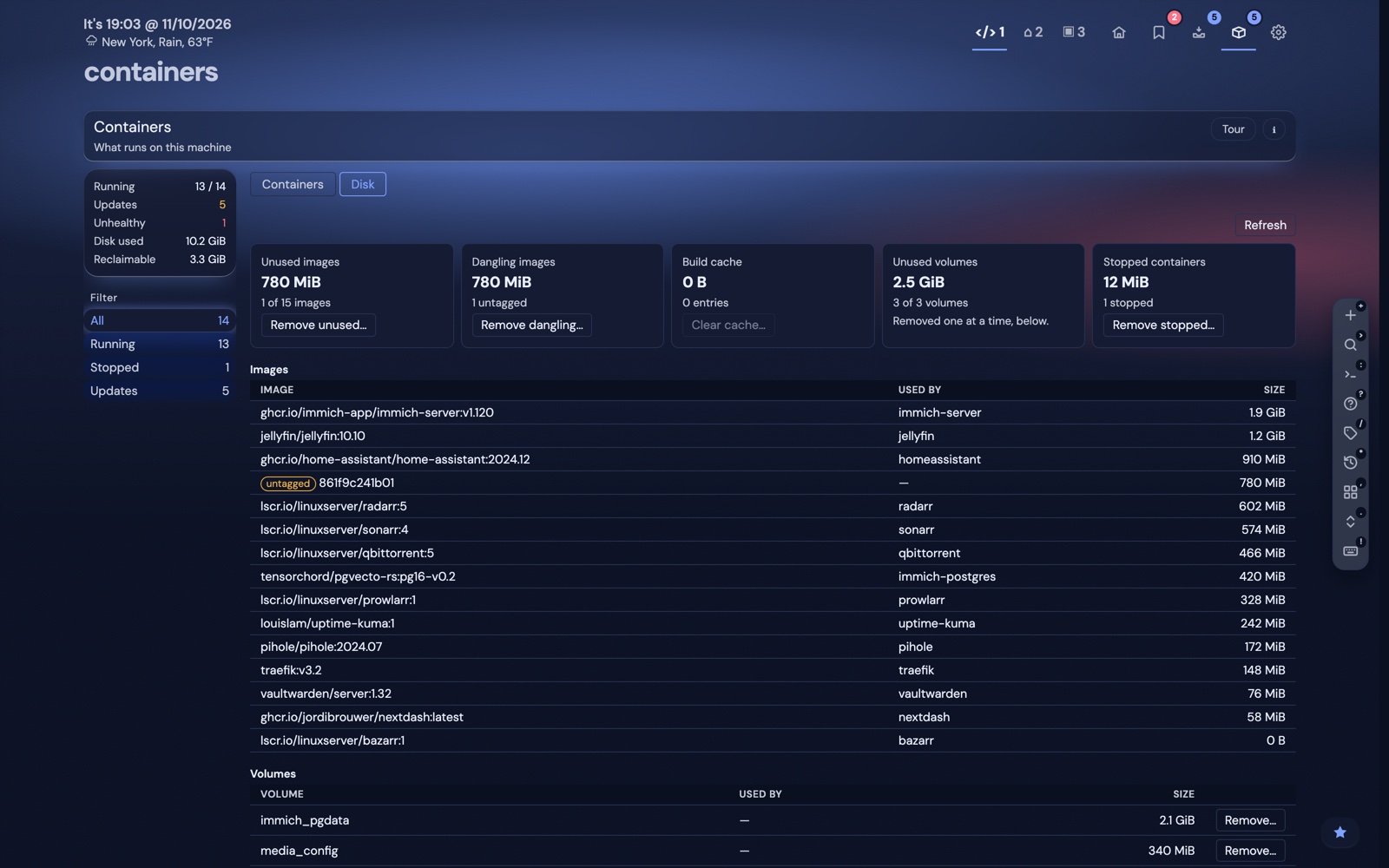The Containers Disk tab listing images, volumes and build cache with what a cleanup would remove.