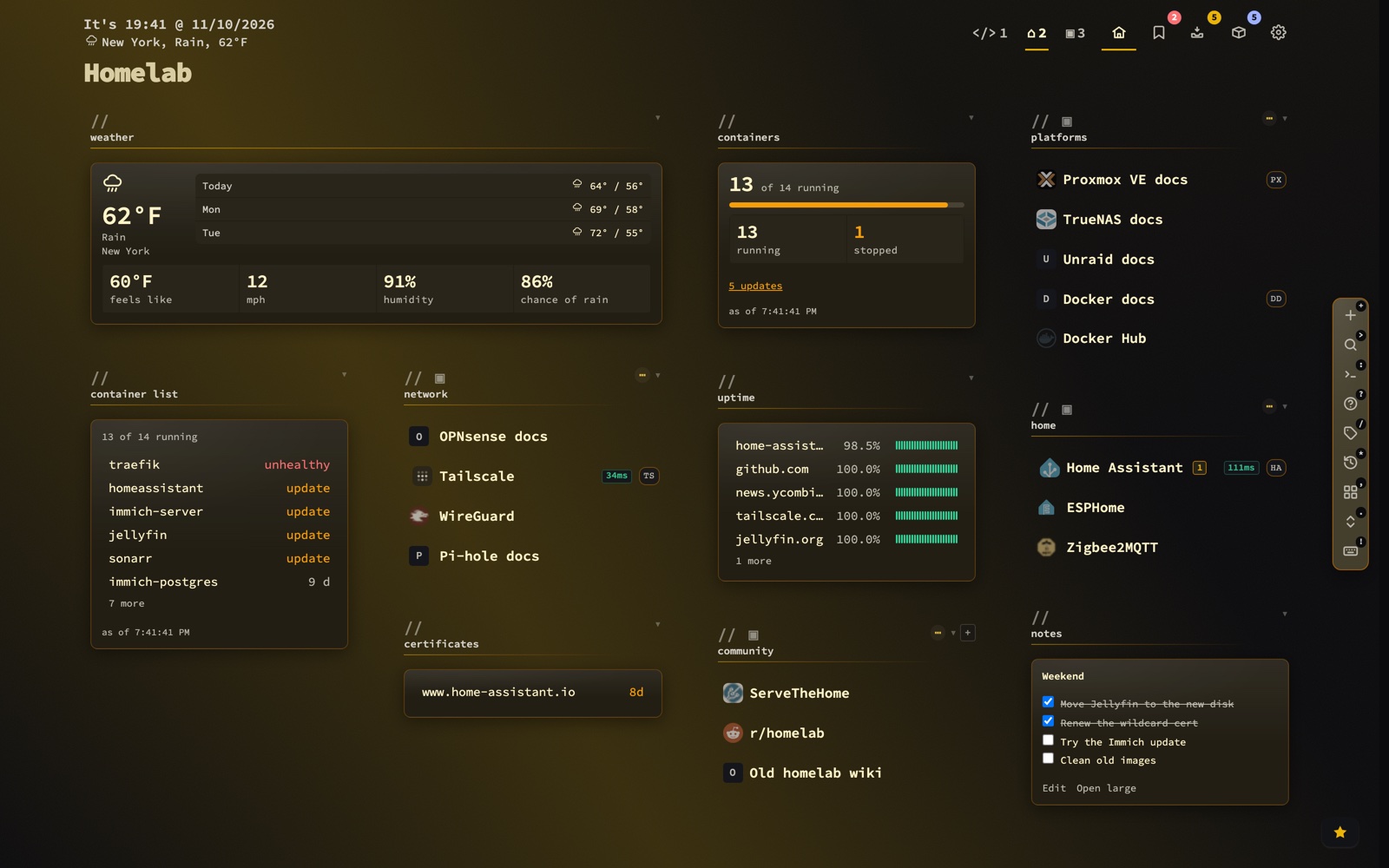 The same nextDash homelab dashboard in the lacquer - Obsidian Gold theme, dark mode.
