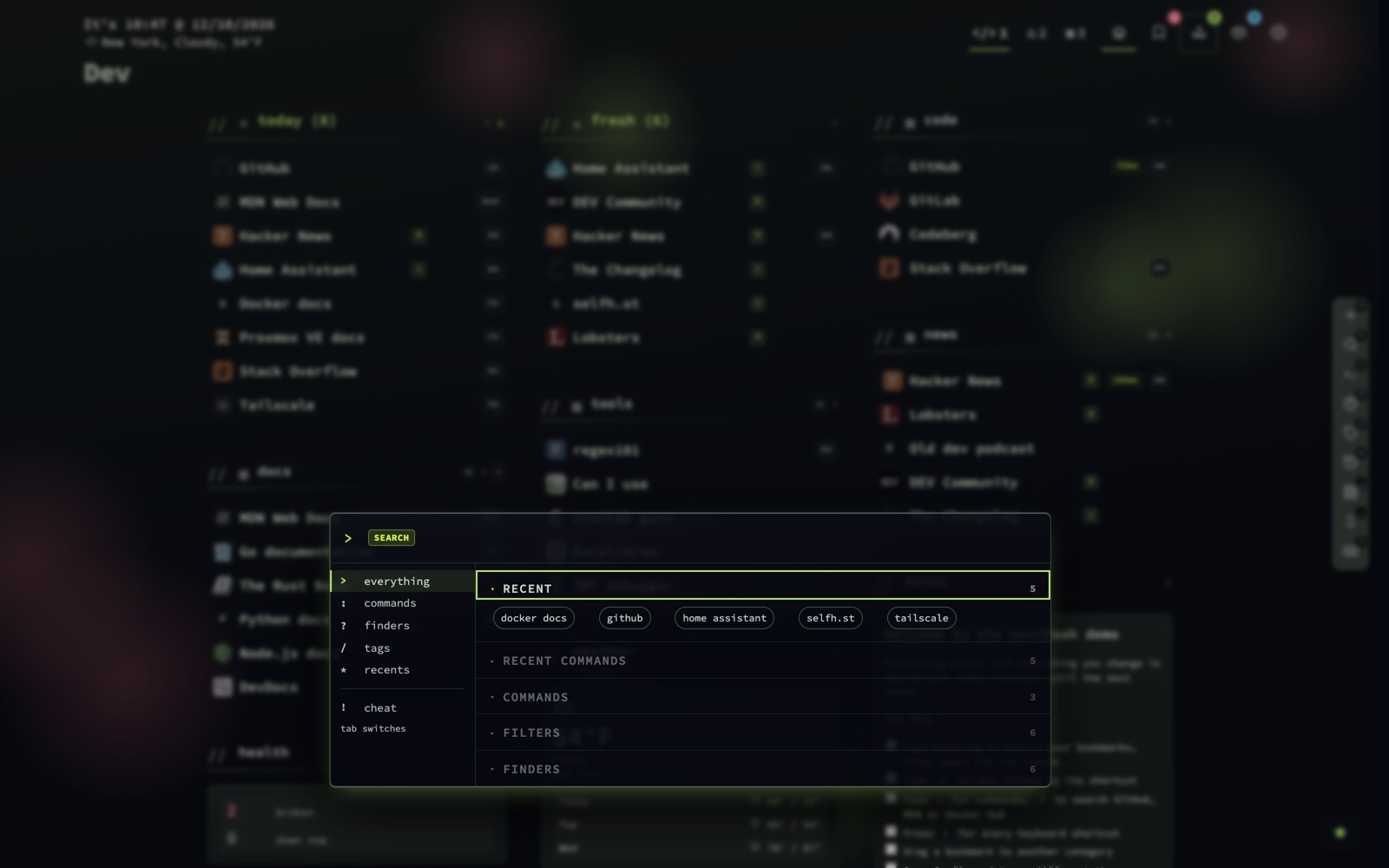 The search overlay with its mode tabs on the left and groups for recent searches (as chips), recent commands, commands, filters and finders.