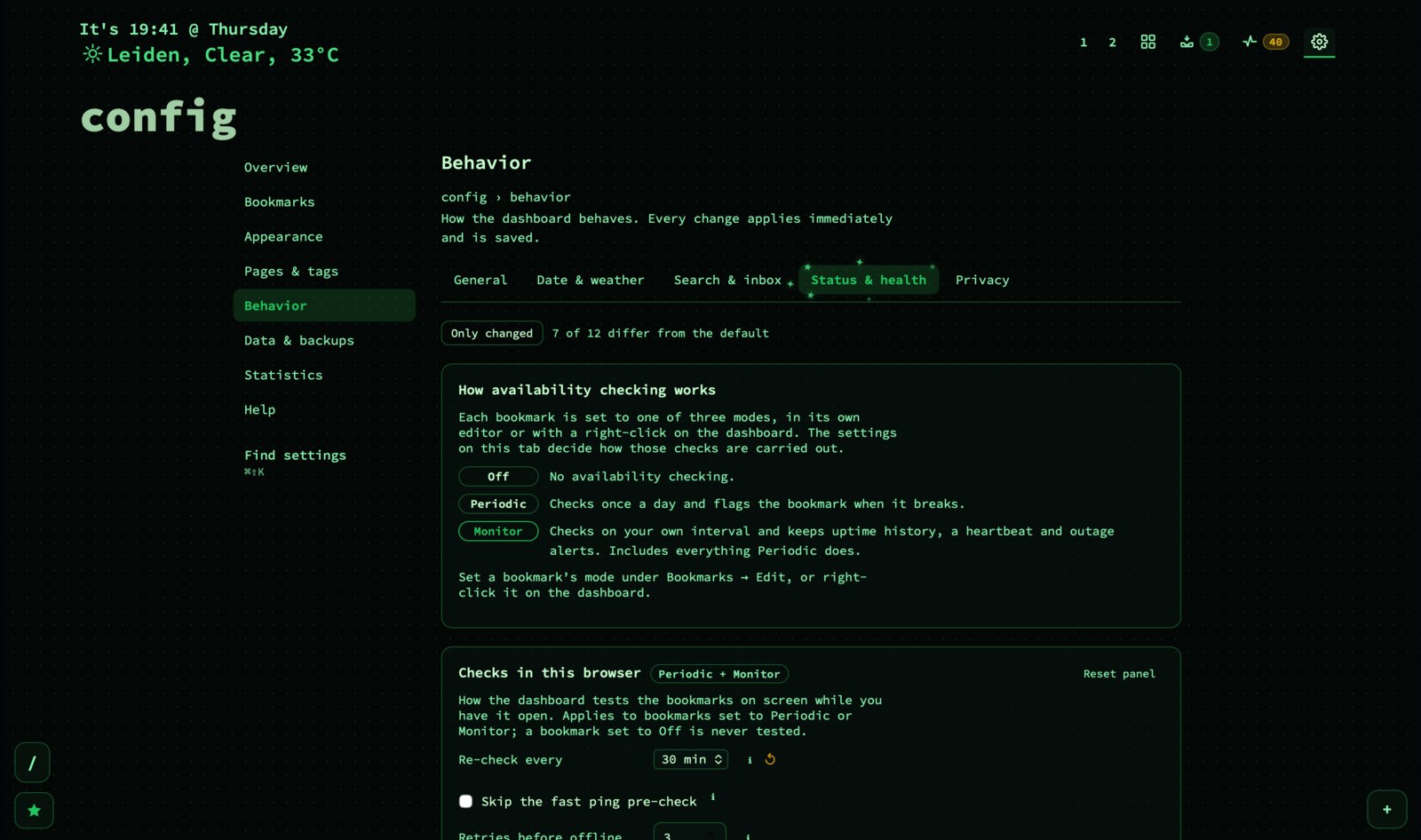 Configuration screen explaining the three availability-checking modes: Off, Periodic, and Monitor.