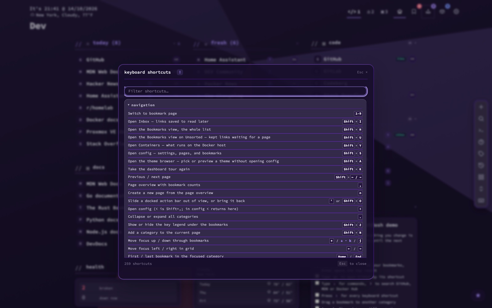 The keyboard shortcuts overlay: a filter box above a grouped, searchable list of every shortcut, with the dashboard dimmed and inert behind it.