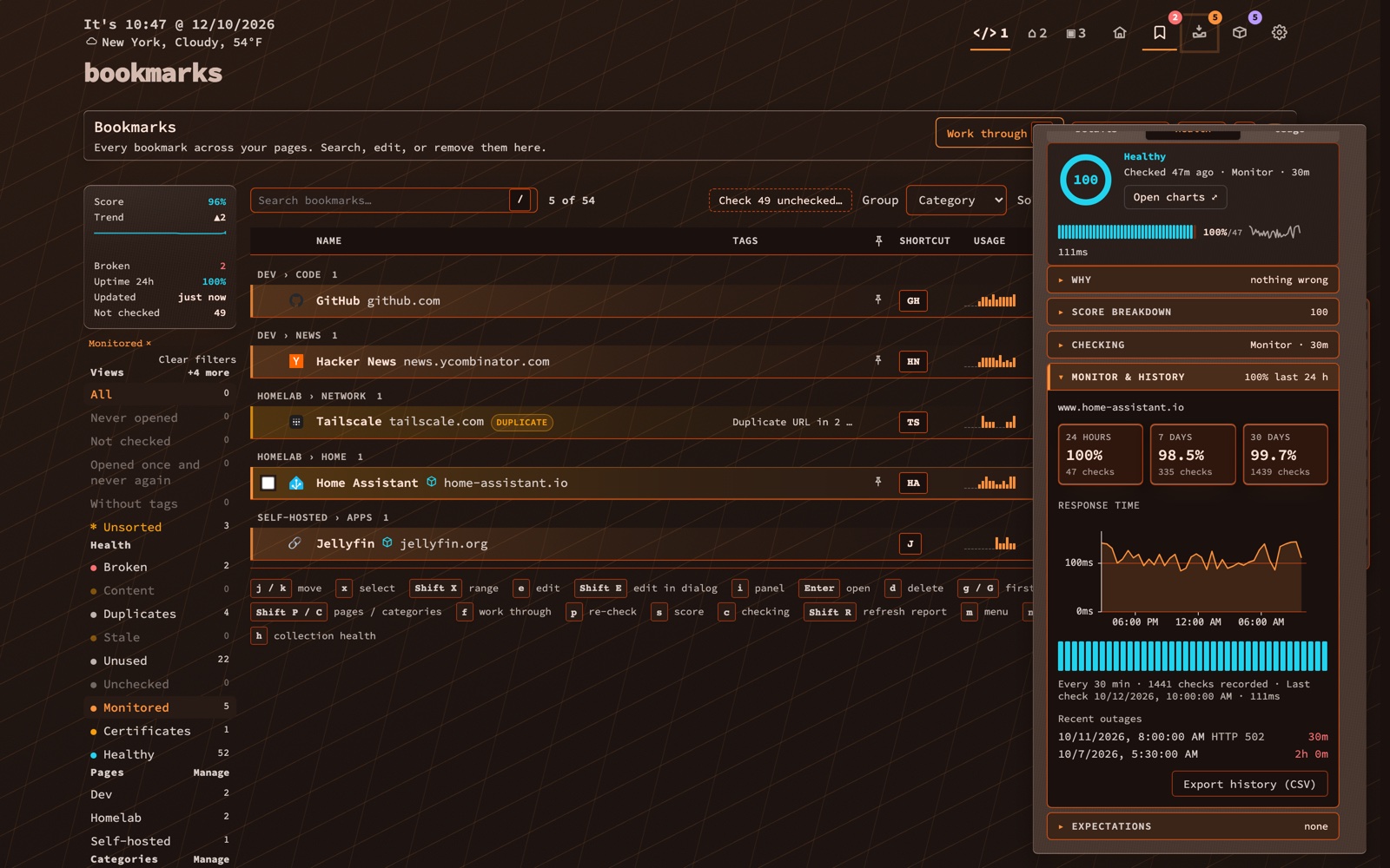 The Health tab of a bookmark's side panel, Monitor & history: uptime over 24 hours, 7 days and 30 days, a response-time chart, a heartbeat bar, and a recent-outages log with a CSV export button.