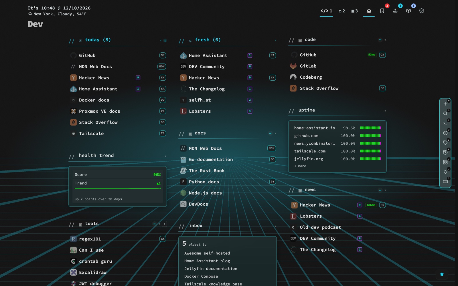 A dashboard page with three widgets among the categories: a Health trend line chart, an Uptime widget listing monitored bookmarks with their status, and an Inbox widget.