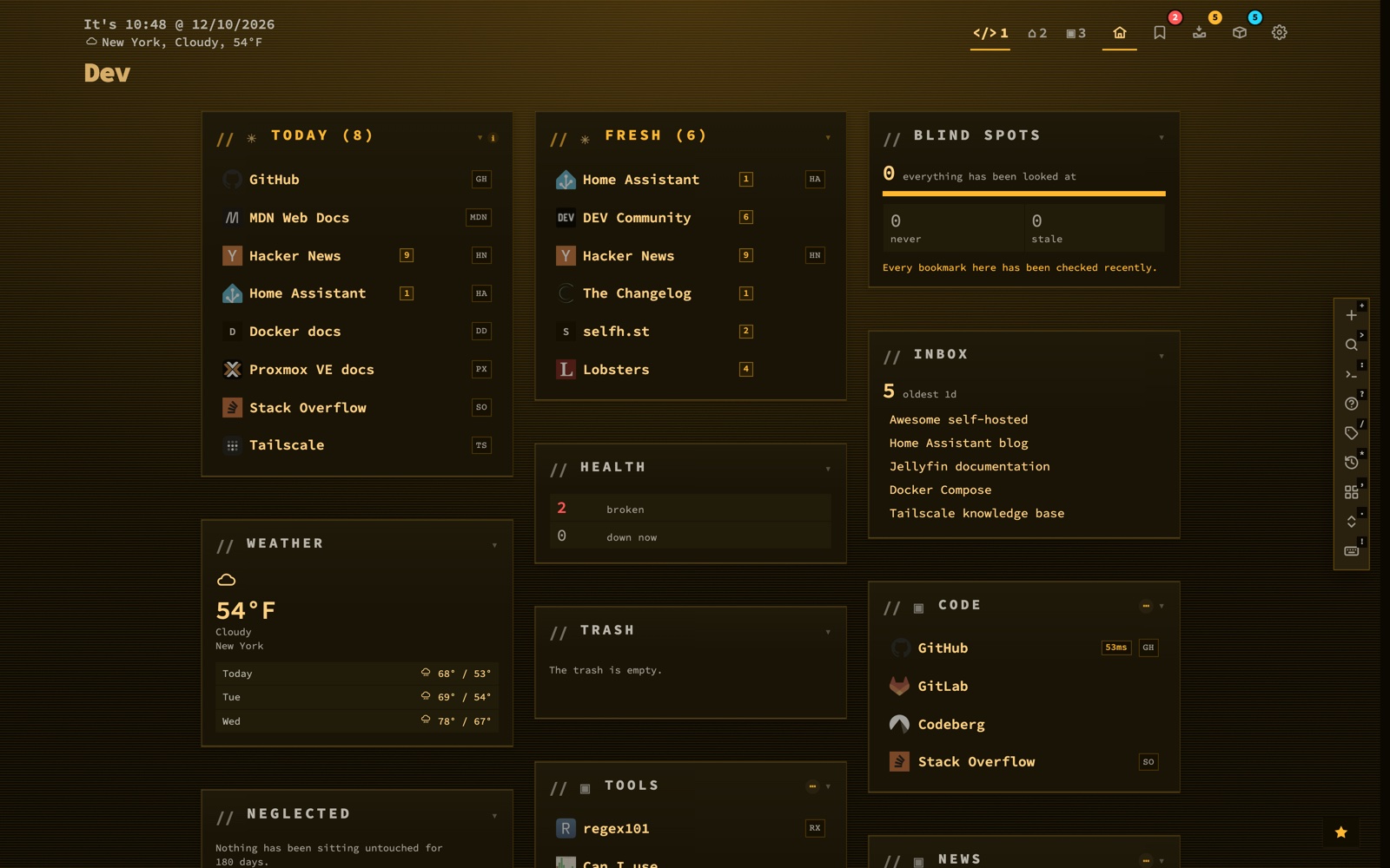 A dashboard using the Widgets layout preset: widget tiles for blind spots, weather, health, inbox, neglected and trash filling most of the page.