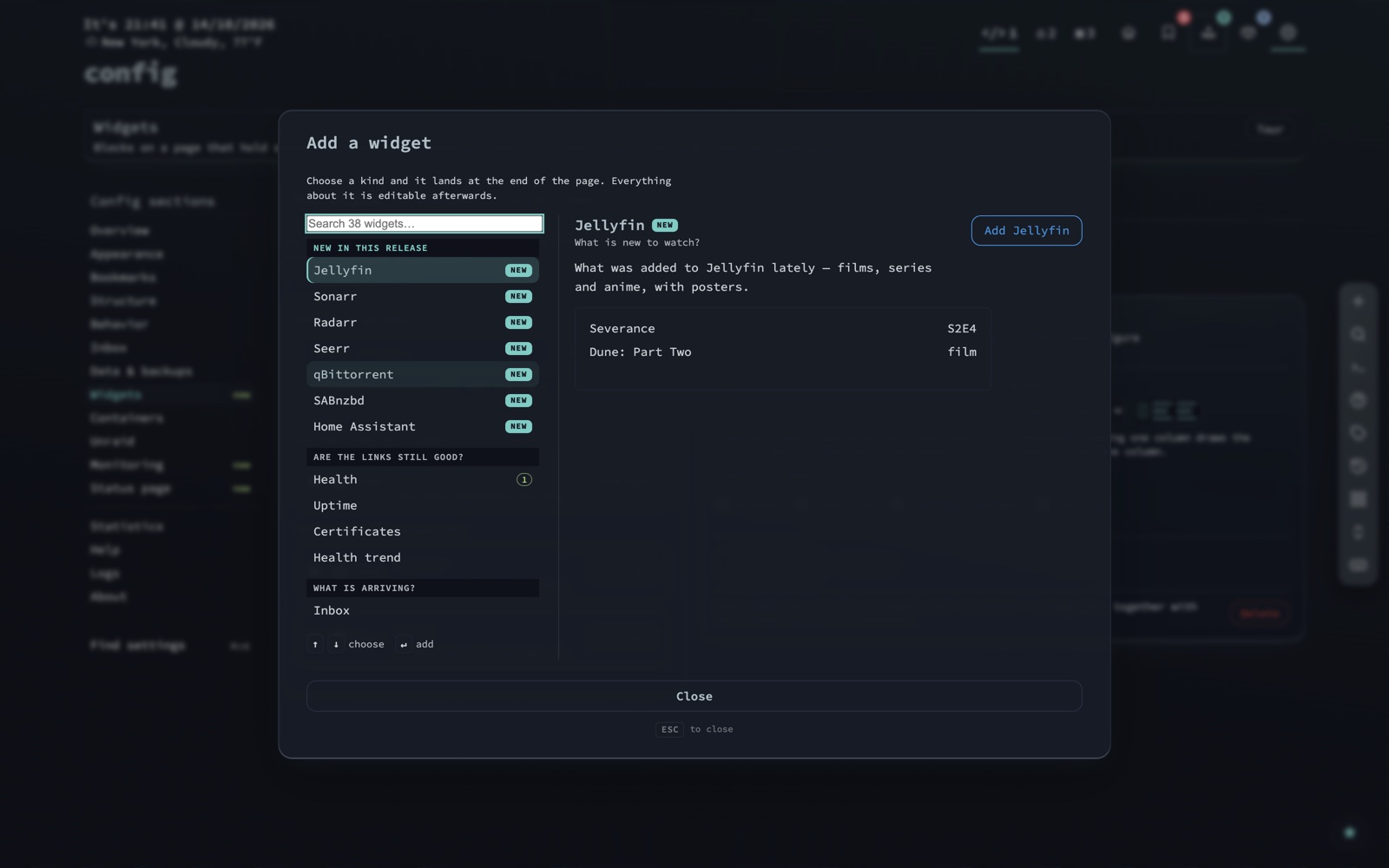 The Add a widget picker: a search field, the kinds grouped by the question they answer, and a pane showing the kind you are on, with a New badge on new ones.