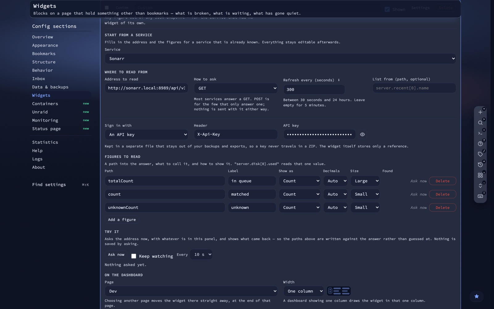 A Custom widget being configured for Sonarr: address, refresh interval, an API key sign-in, and three figures to read, with a Try it panel below.