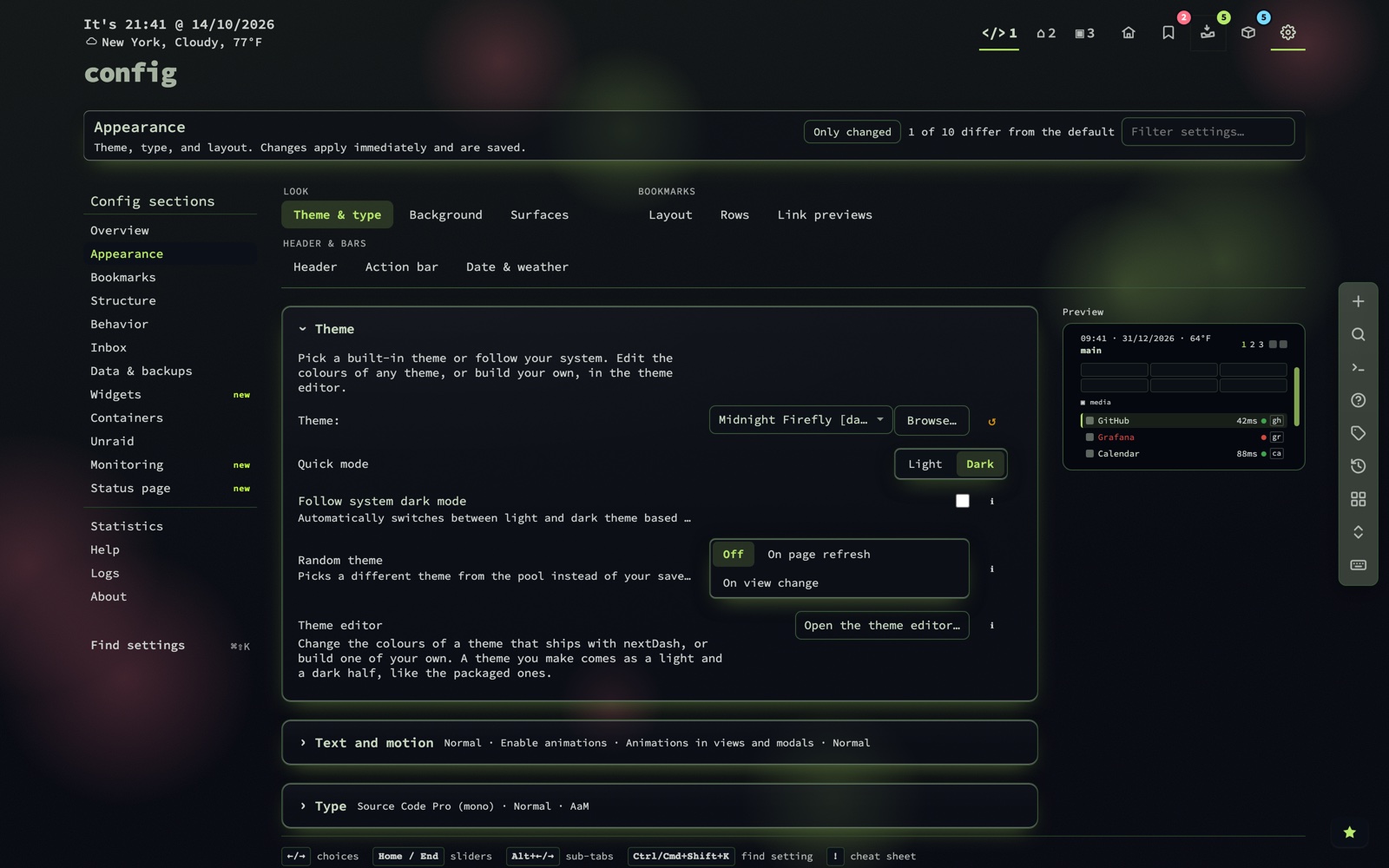 Config -> Appearance: nine tabs in three groups - Look, Bookmarks, and Header & bars - with panels that fold up to a line showing what they are set to, and a small live preview beside them.