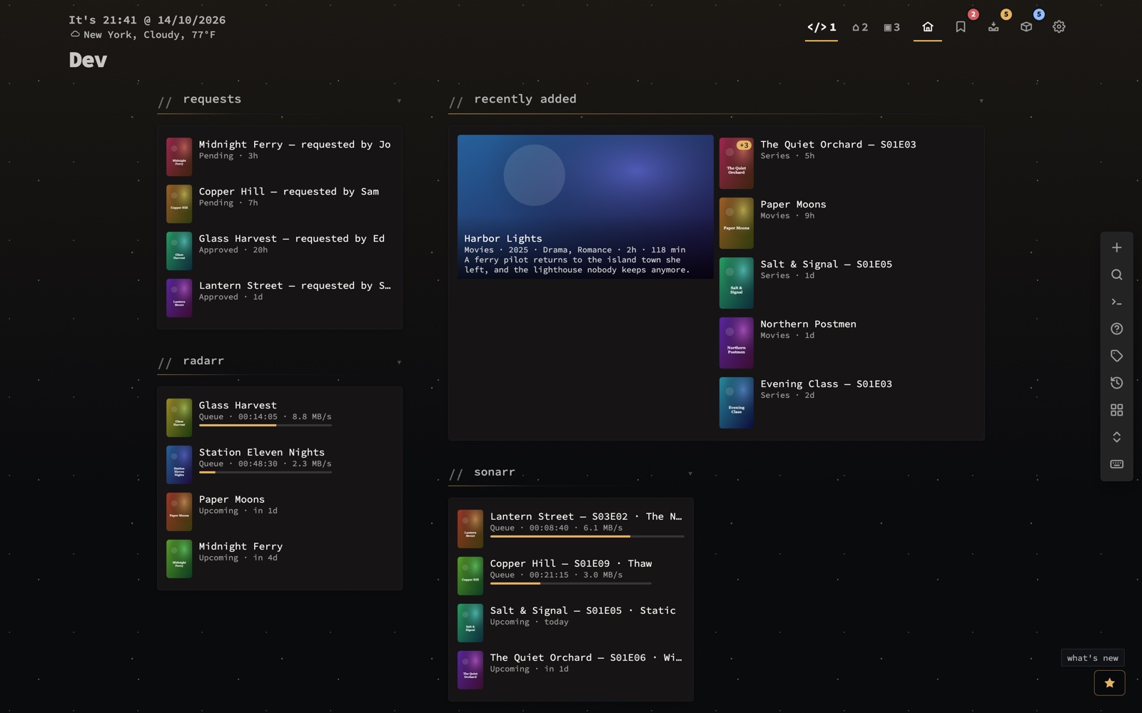 A dashboard with media widgets: a Jellyfin grid of posters, Sonarr and Radarr with what is coming up and in the queue, and Seerr requests.