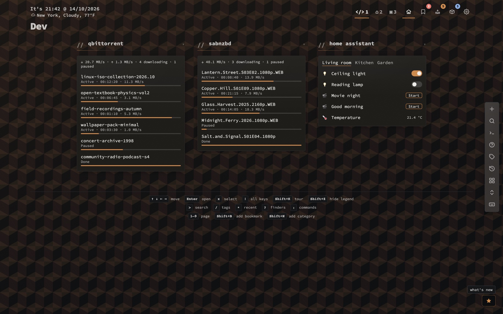 qBittorrent and SABnzbd tiles with progress, speed and time left, next to a Home Assistant tile with a tab per room, switches and scenes.