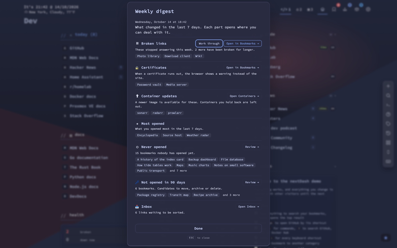 The weekly digest window: a part for each subject, with what it means, the names behind the count and a button to the view where it is dealt with.
