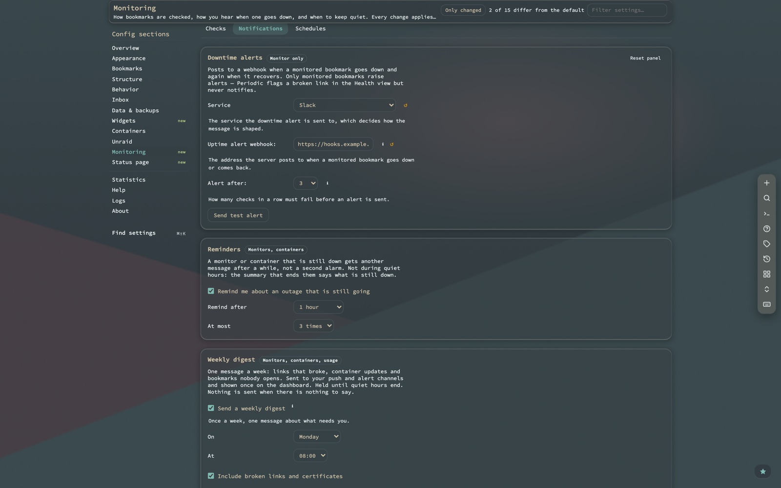 Config, Monitoring, on the Notifications tab: downtime alerts, reminders and the weekly digest settings.
