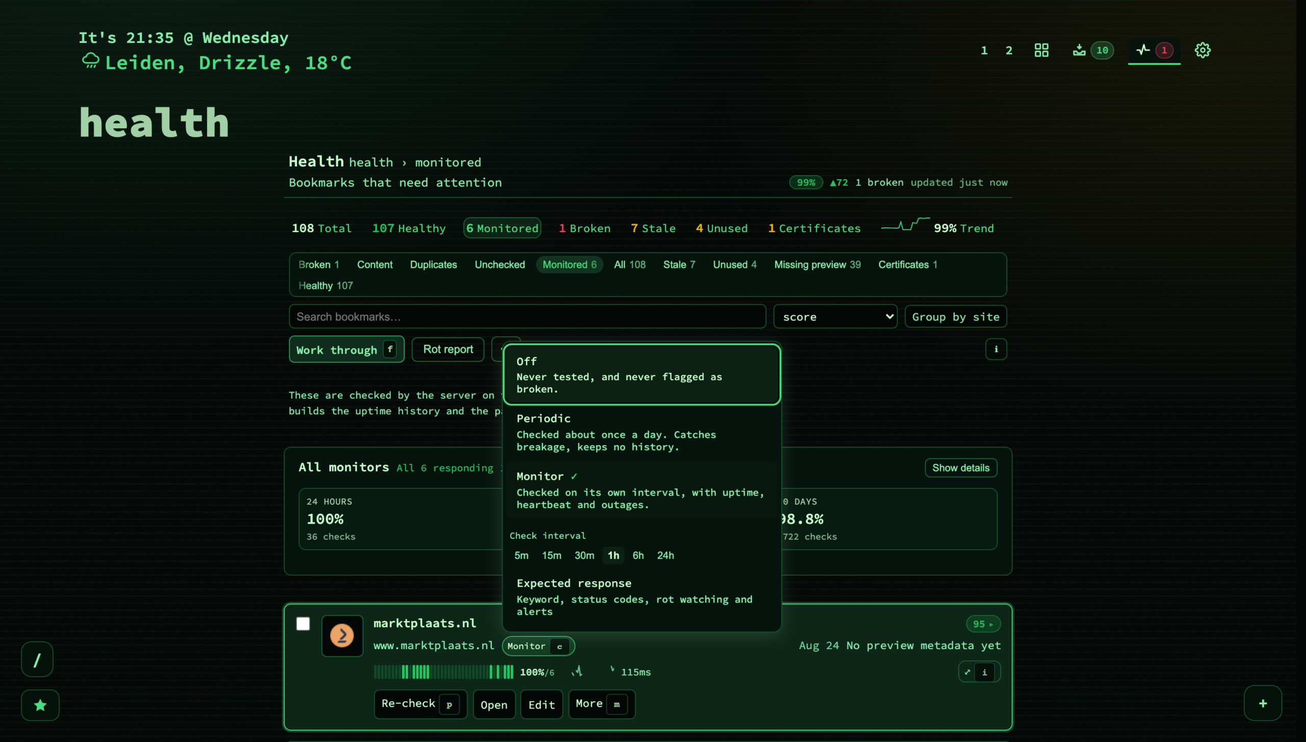 The availability menu on a row: three modes, and the check interval strip on a monitored one.