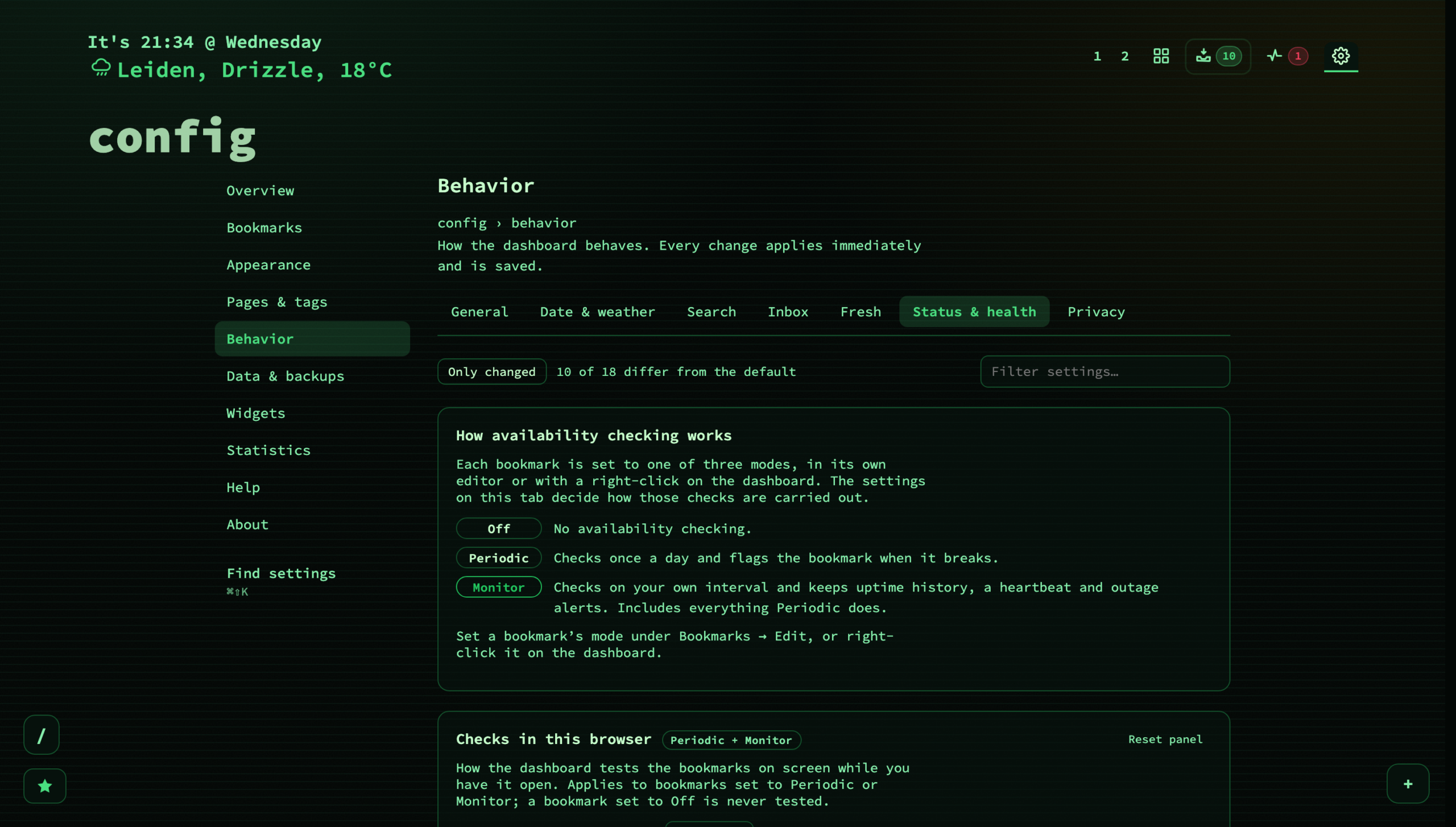Config → Behavior → Status & health, which opens by explaining what the three modes mean.