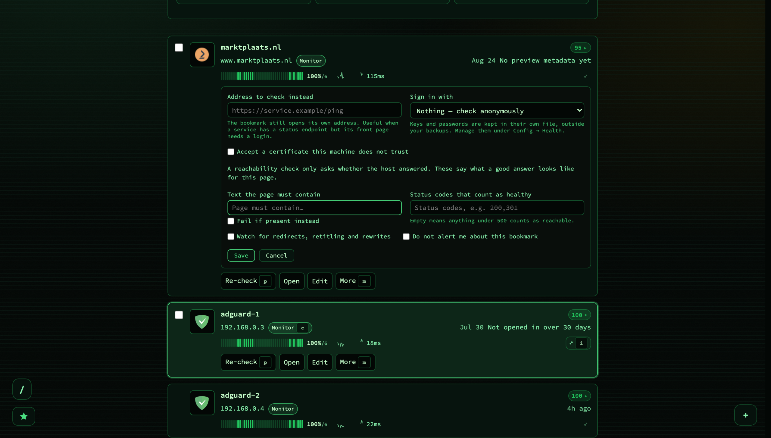 The expected-response panel: an address to check instead, a stored sign-in, a keyword rule, status codes, drift watching and a mute.