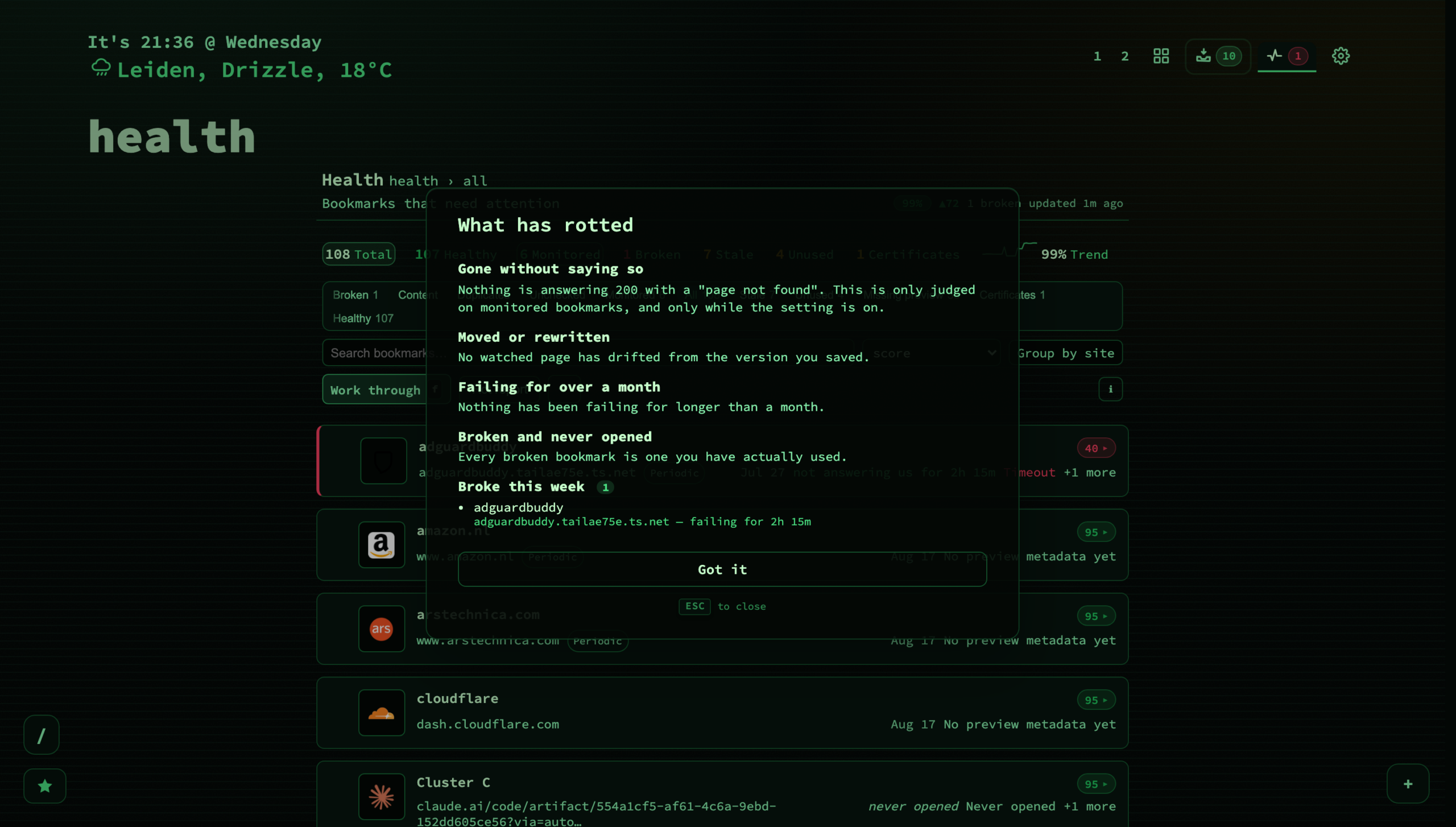 The rot report: what has gone, what has moved, what has been failing for over a month, what is broken and was never opened, and what broke this week.