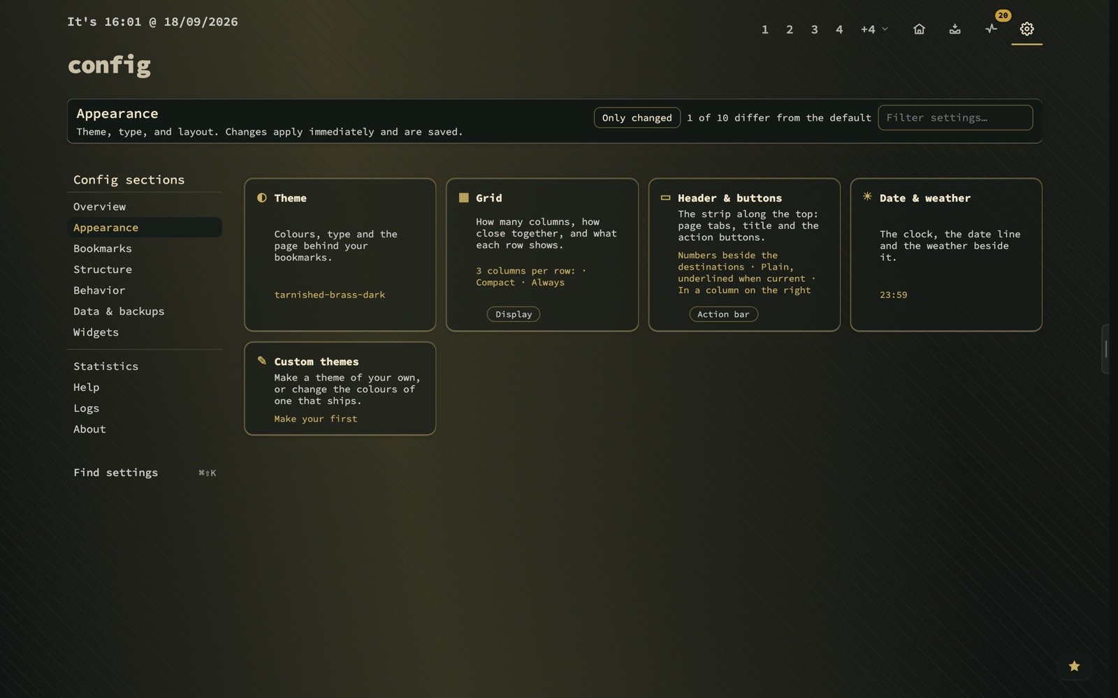 Config, Appearance in nextDash 1.11, opening on five tiles: Theme, Grid, Header and buttons, Date and weather, and Custom themes, each showing its current value.