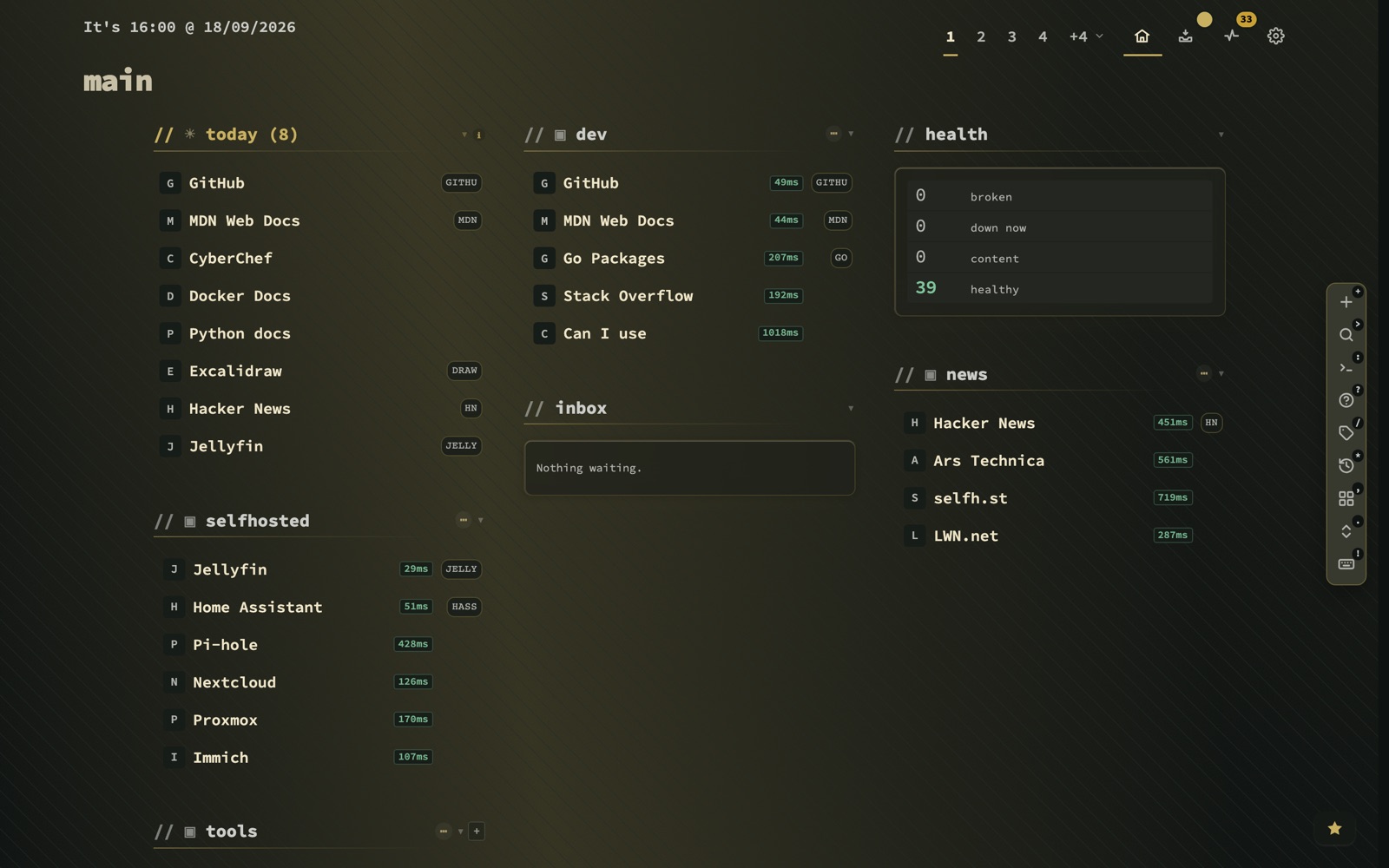 The nextDash 1.11 dashboard on Tarnished Brass: one header row with page tabs 1 to 4 and +4, three columns of bookmarks and a Health widget, and the action buttons in a column on the right edge.