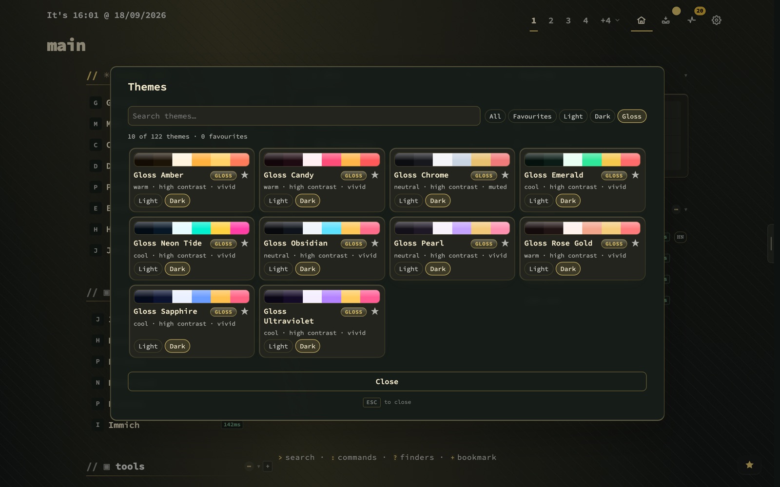 The nextDash theme browser filtered to Gloss, showing the ten Gloss families, each with a Gloss badge and a light and dark variant.