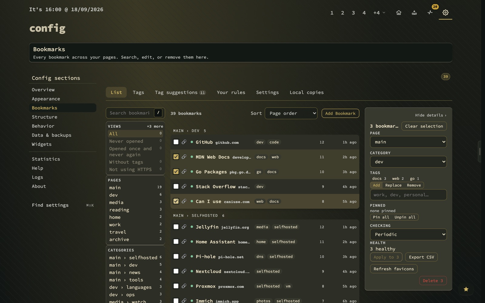 Config, Bookmarks, List in nextDash 1.11: a filter rail on the left, bookmark rows in the middle with three ticked, and an edit panel on the right editing all three at once.