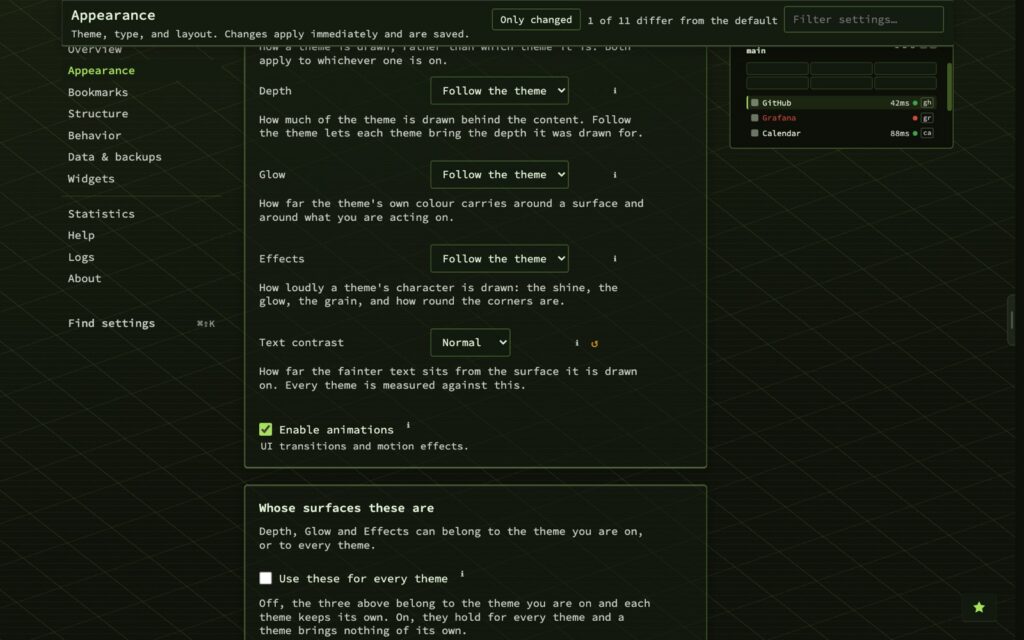 The Surfaces panel in nextDash config, with Depth, Glow and Effects all set to Follow the theme, and a separate panel deciding whether those three belong to one theme or to all.