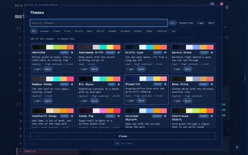 The nextDash theme browser with a row of archetype chips and theme cards, each showing its palette, its character badge and a line describing what the theme is like.