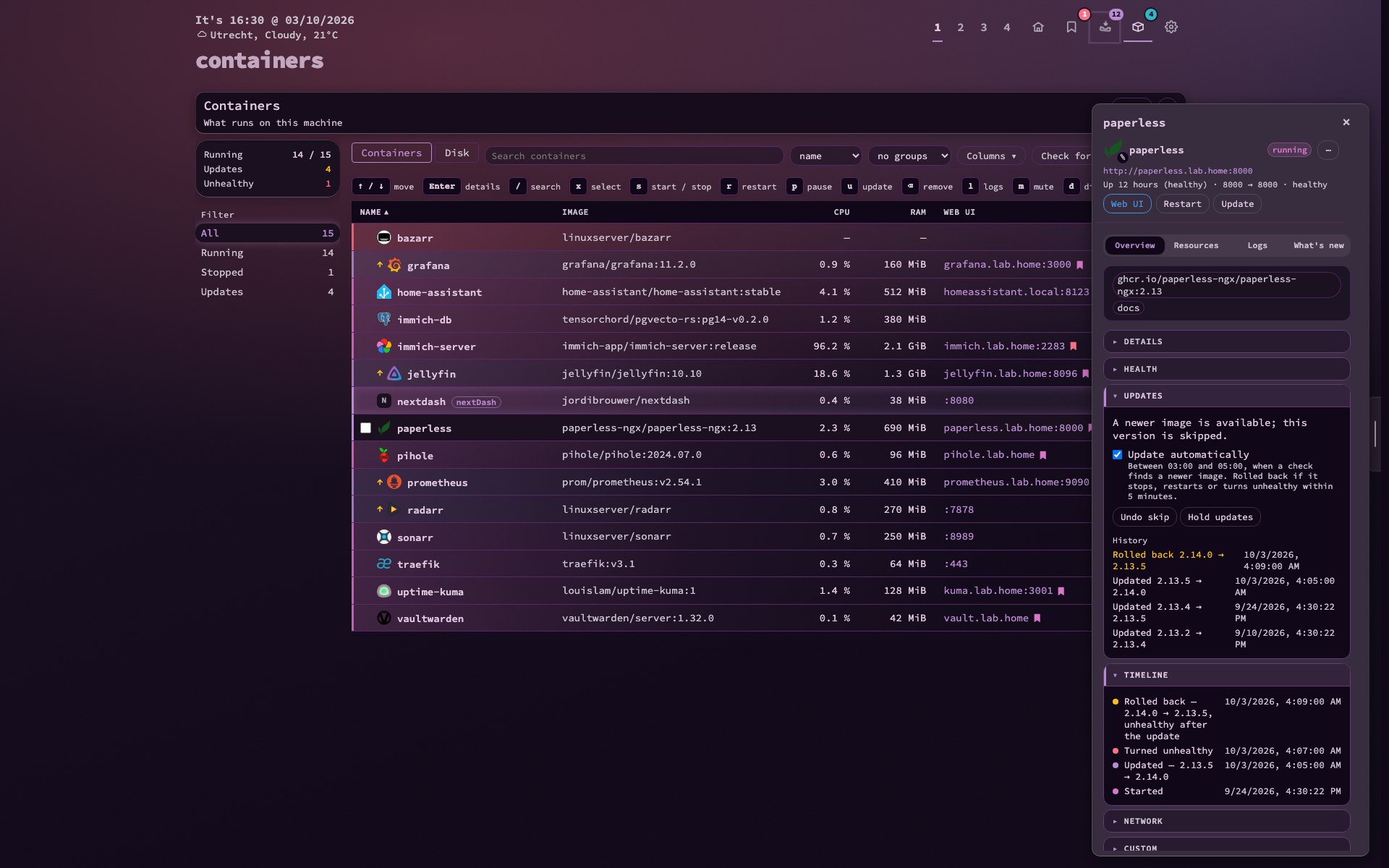 Containers view with the side panel open on the Updates section: automatic updates on, update history with a rollback, and the container timeline