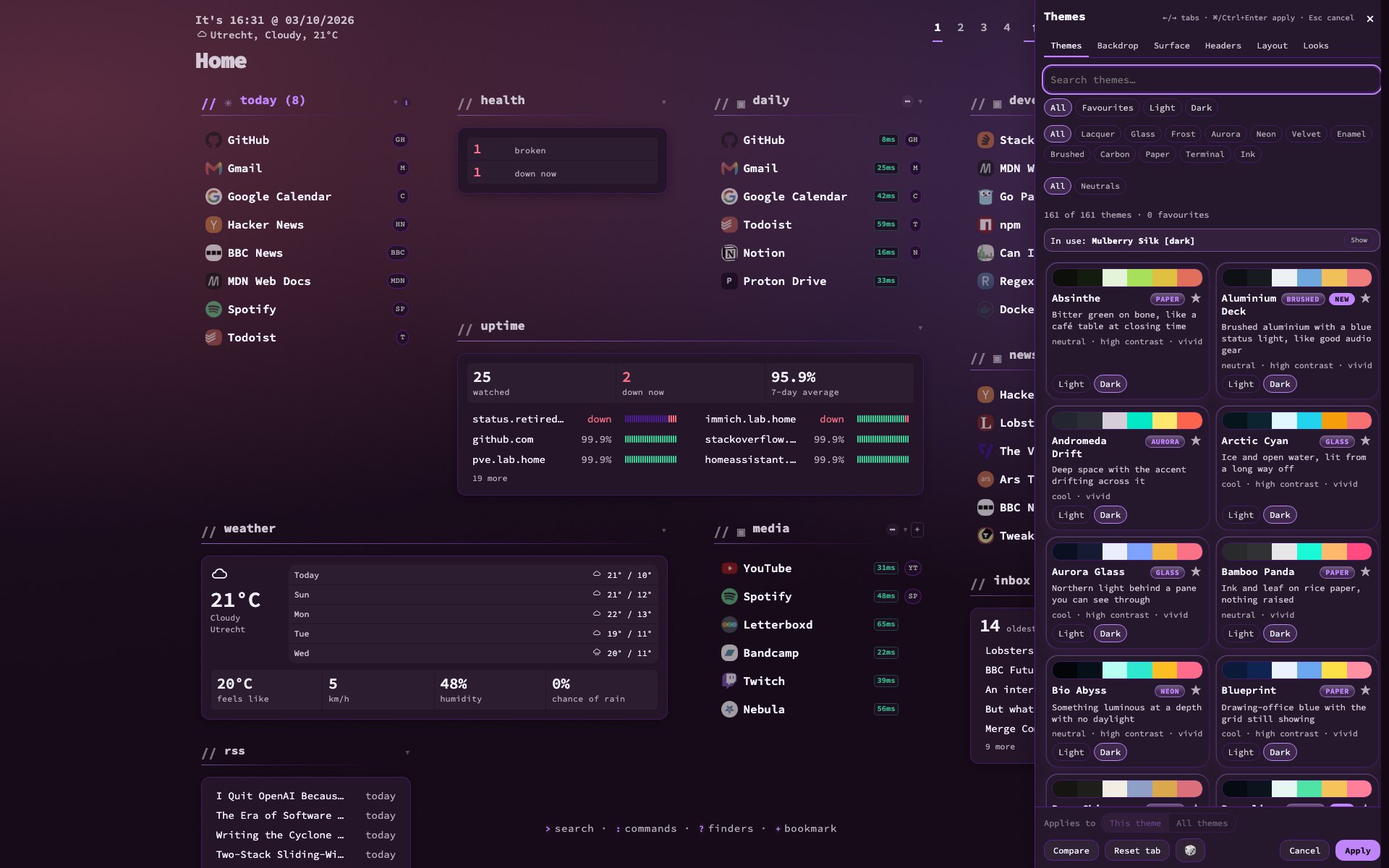 The look studio open beside the dashboard, with tabs for Themes, Backdrop, Surface, Headers, Layout and Looks