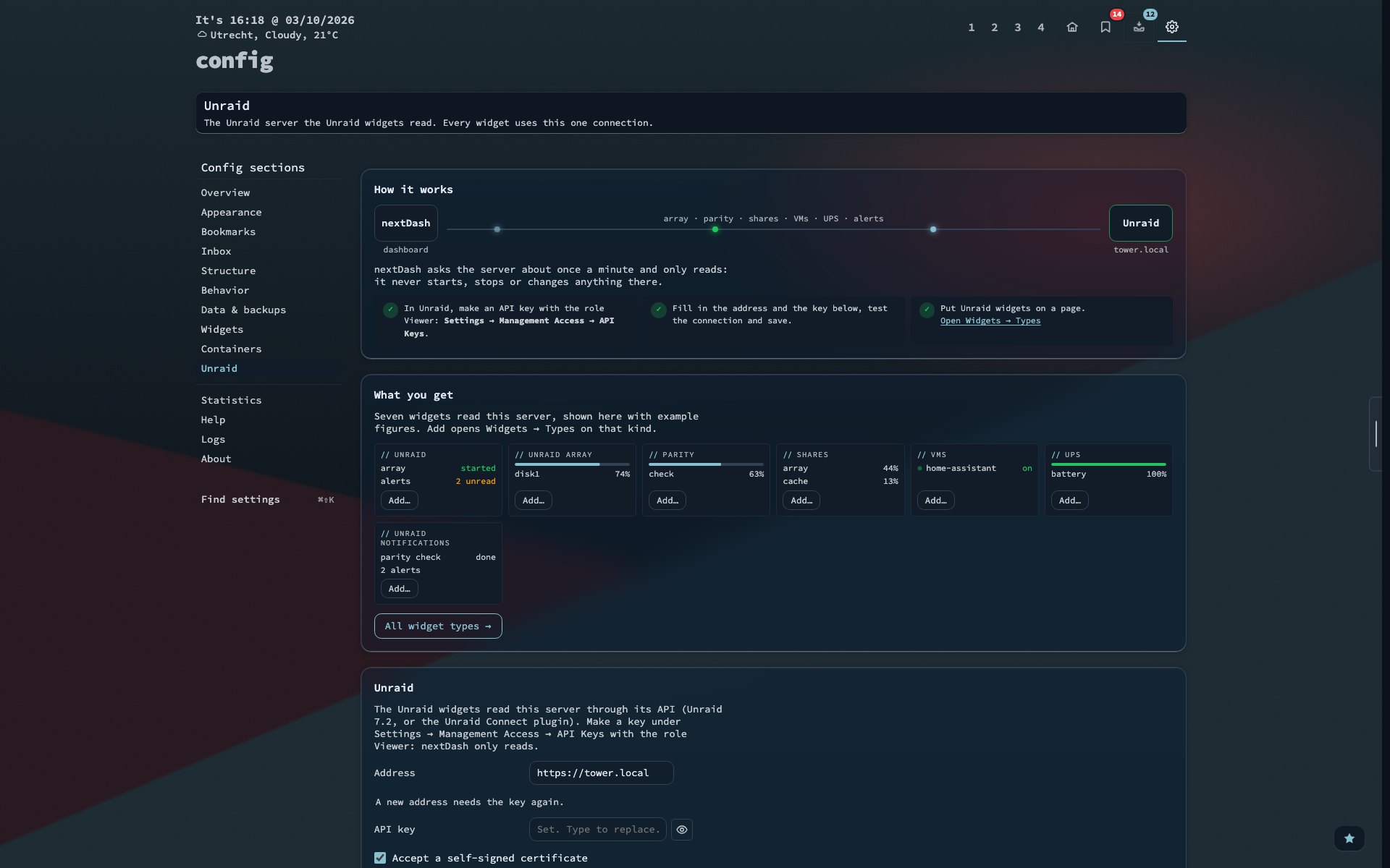 Config → Unraid with the three setup steps, the seven widgets and the address and API key fields