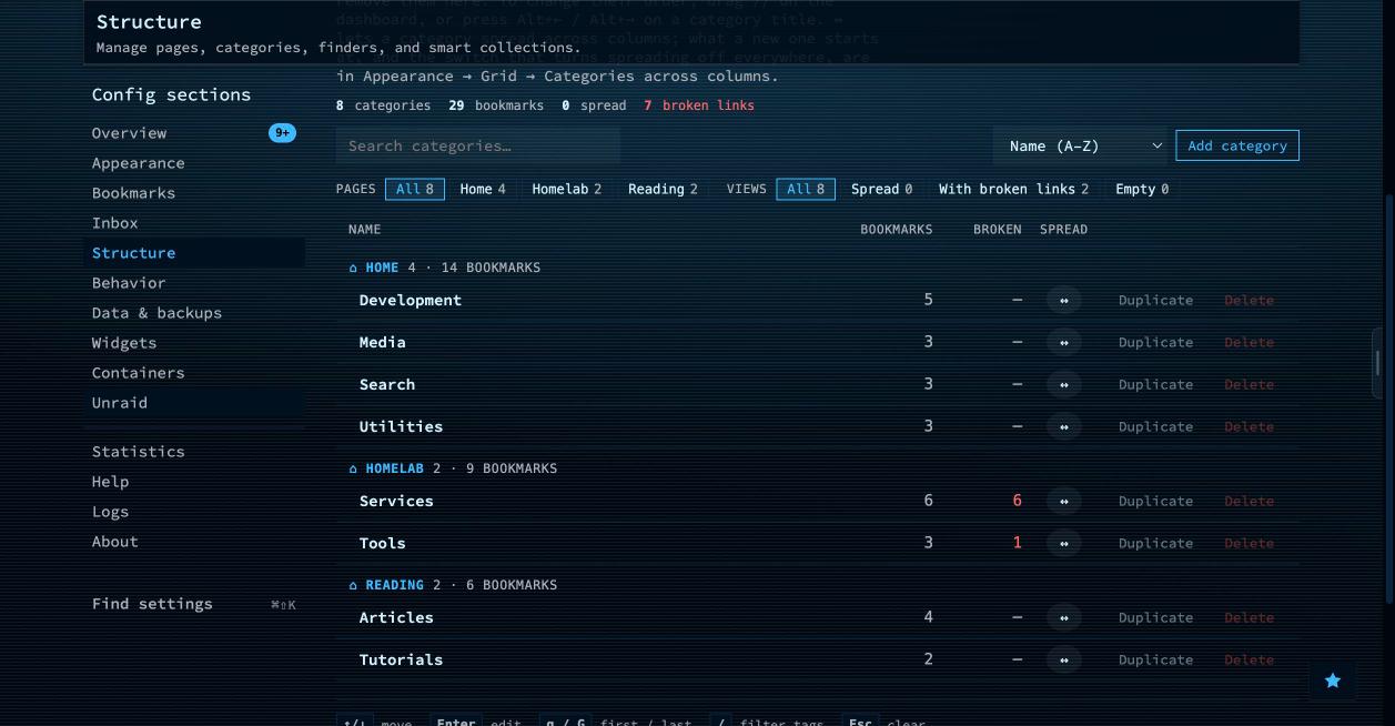 The Structure Categories table listing categories of every page, grouped by page, with filter chips above