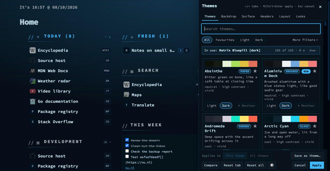The nextDash theme browser with the More filters button and the Reset all action in the footer